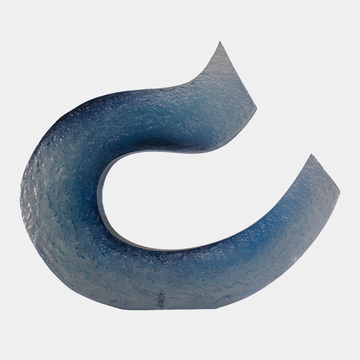 Blue Textured Sweeping Hook Curl Resin Sculpture - 100cm, a curved hook-shaped form with deep blue tones fading to pale frost, shown on a plain white background.