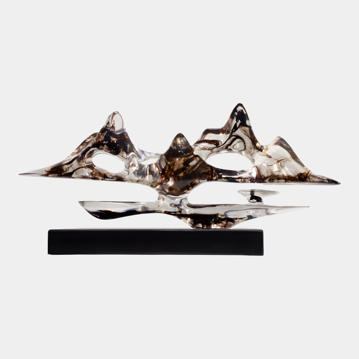 Clear Smoke Mountain Range on Marble Resin Sculpture, 56cm, jagged peaks with dark smoke swirls and pierced openings above a flat clear band, set on a black marble base against a plain light background.