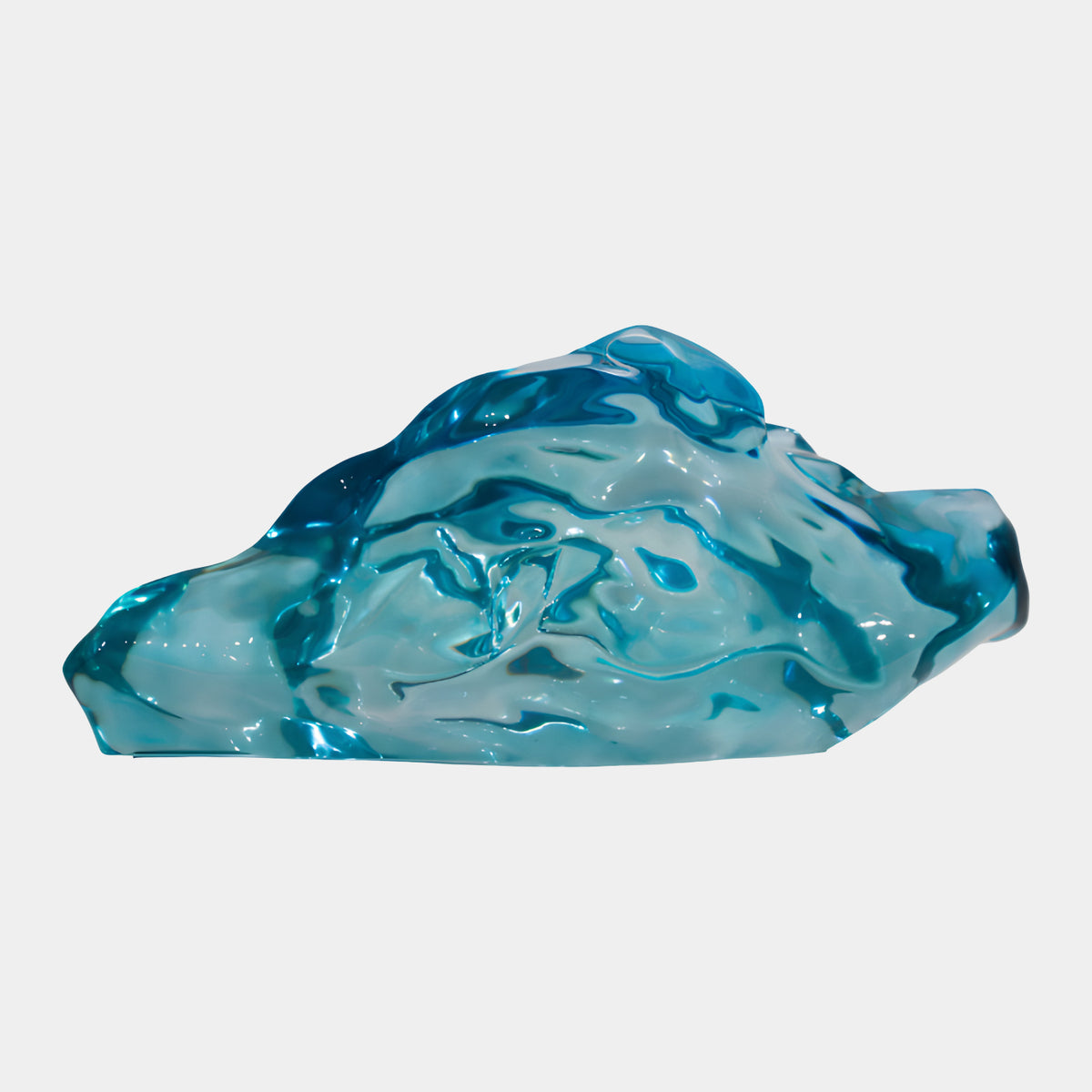 Turquoise Cut-Face Solid Mass Resin Sculpture - 55cm, a rippled mountain-like form with deep blue edges fading to pale turquoise, flat base, shown against a plain light grey background.