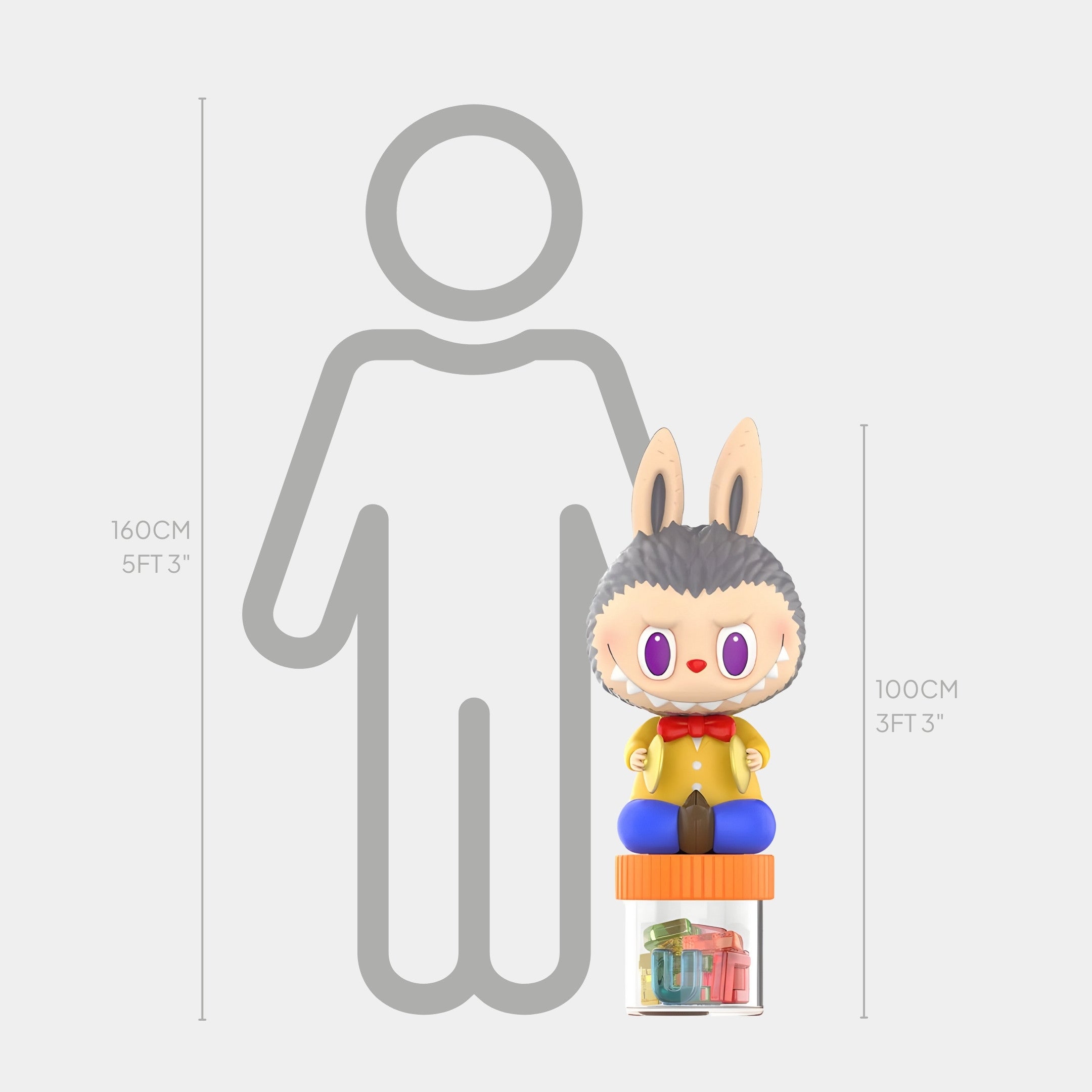 The Hard Candy Labubu Sculpture - 100cm by Giant Sculptures features a cartoon wolf with bunny ears, yellow jacket, and red bow tie sitting on colorful blocks—an eye-catching piece of contemporary décor.