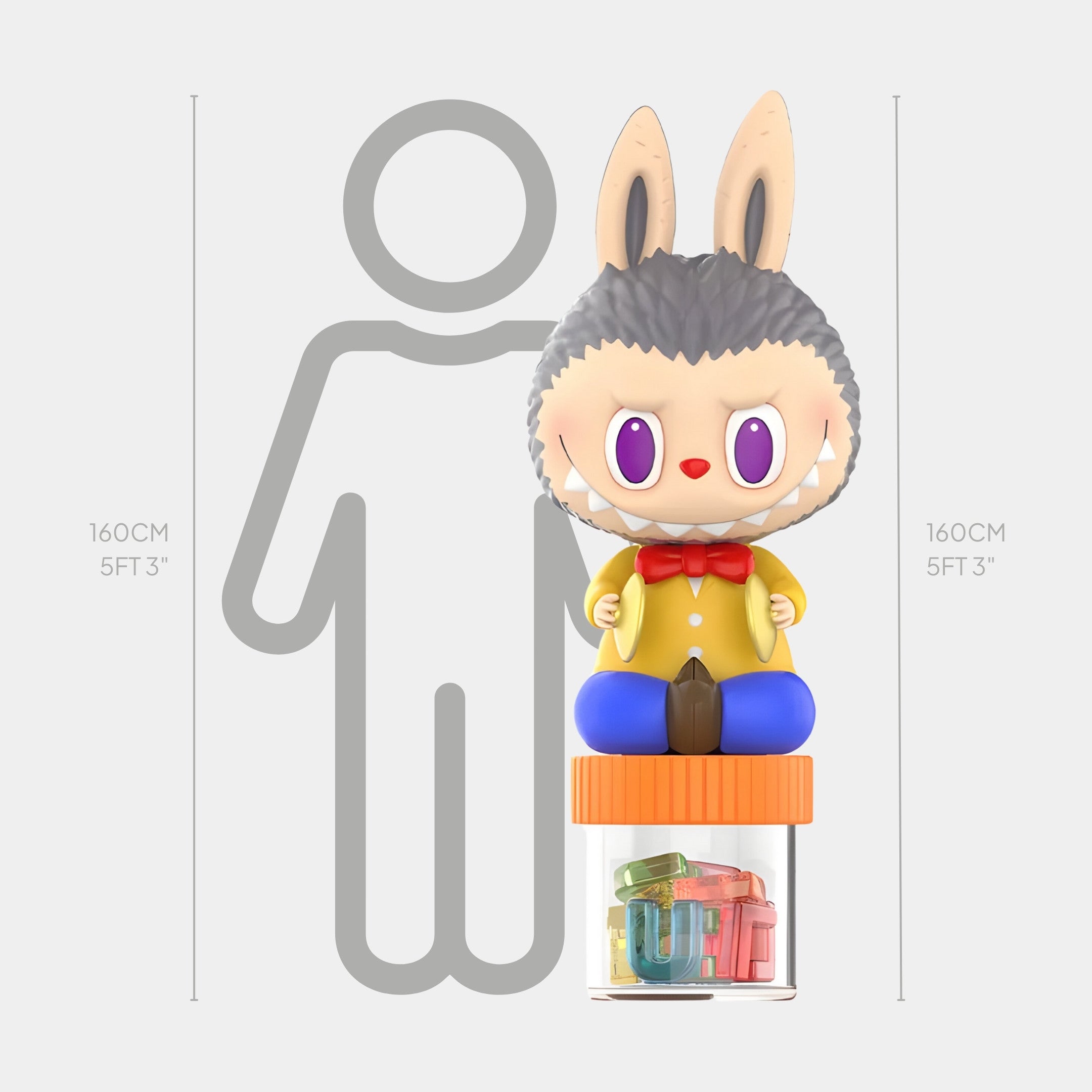 The Giant Sculptures Hard Candy Labubu Sculpture - 160cm features a cartoonish, wolf-eared figure with large eyes and vibrant colours, sitting on an orange-lidded jar of letters and shown beside a 160cm (5ft 3in) scale silhouette.