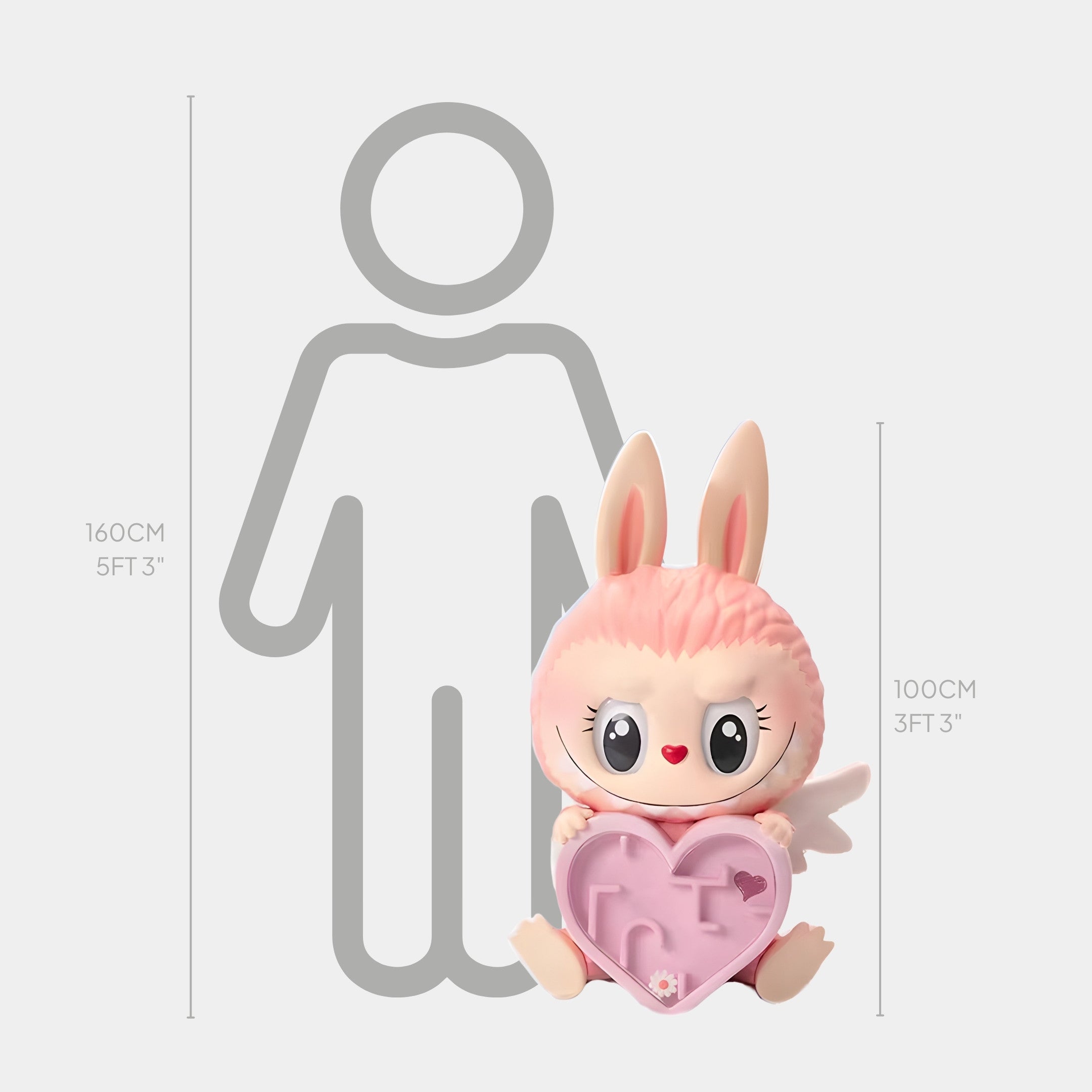 The Giant Sculptures Mokoko Heart Maze Labubu Sculpture - 100cm is a pink, bunny-like figure with wings holding a heart, shown next to a height chart comparing its 100 cm form to human silhouettes of 160 cm and 100 cm.