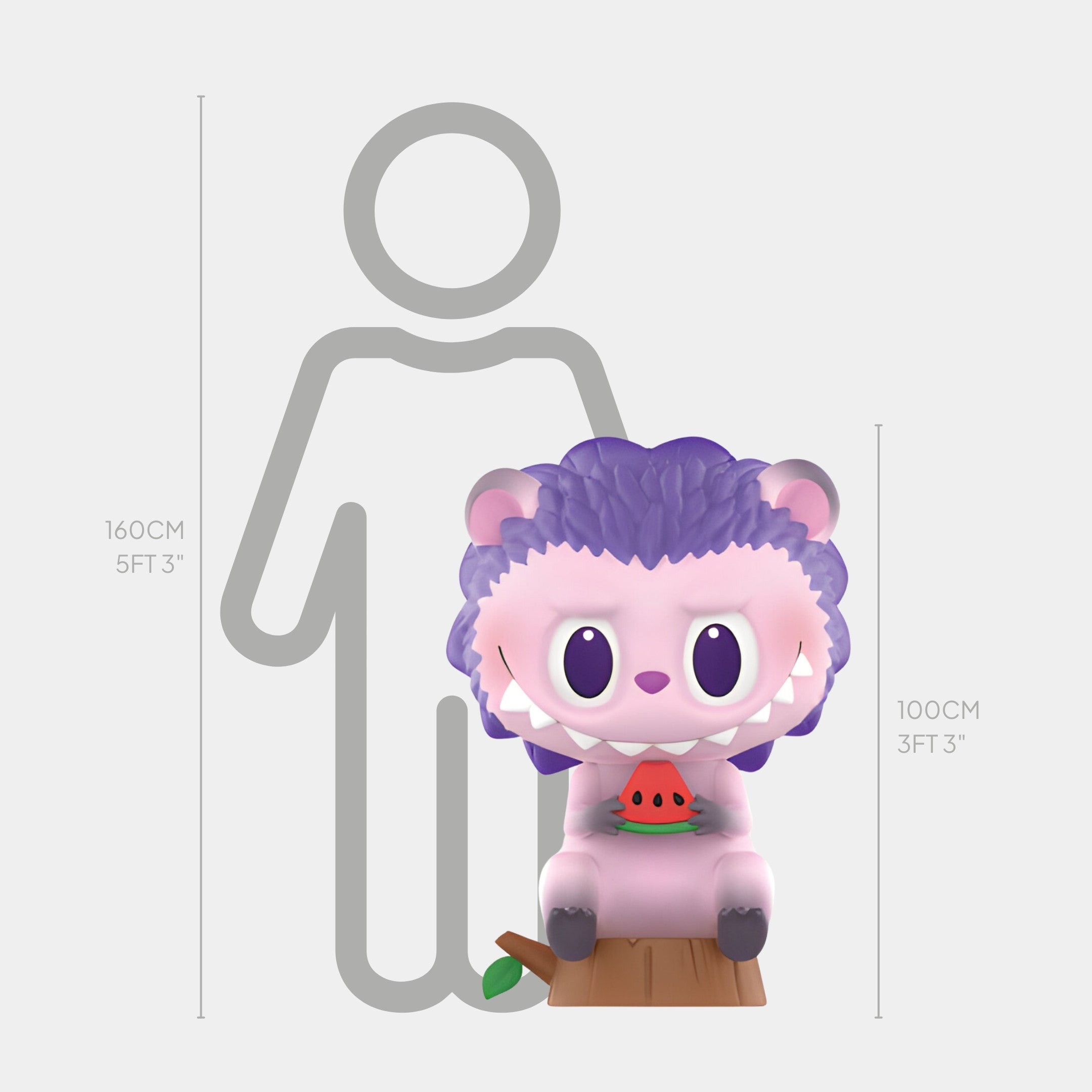 The Giant Sculptures Animal Hedgehog Labubu Sculpture stands 100cm tall, features purple fur and a fibreglass body, sits on a wooden stump holding watermelon, with a height chart beside comparing it to a 160cm human outline.