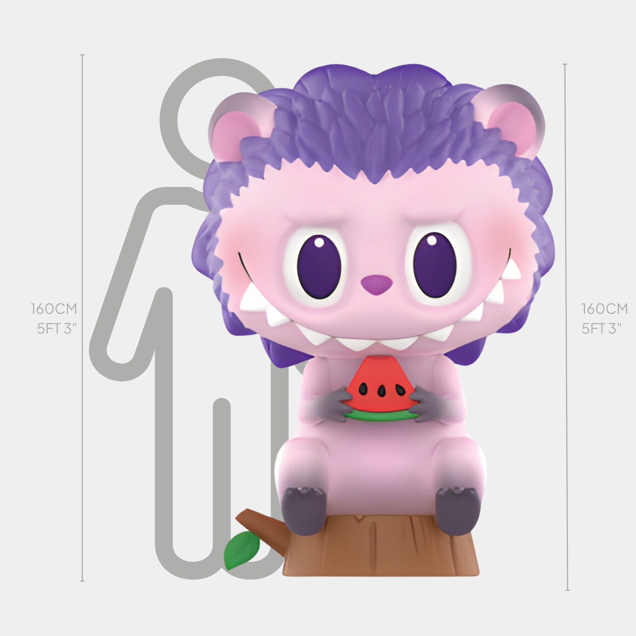 The Animal Hedgehog Labubu Sculpture - 160cm by Giant Sculptures features a large, purple and pink cartoon hedgehog holding a watermelon on a wooden stump, displayed as an indoor art piece beside a human silhouette for scale.