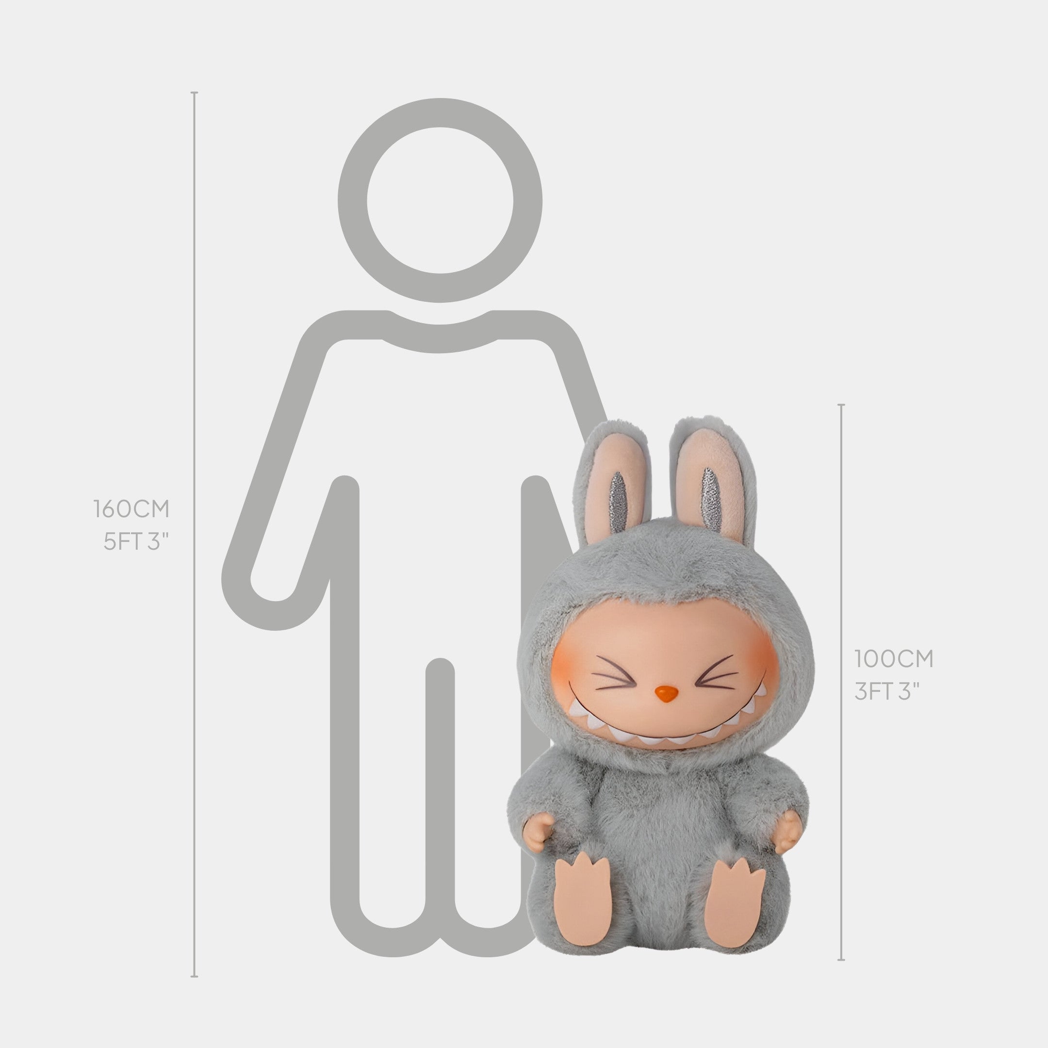 The Giant Sculptures Fluffy Monsters Cheeky Grey Labubu Sculpture - 100cm features a smiling plush toy in front of a height chart, with an outlined person behind it measuring 160 cm.