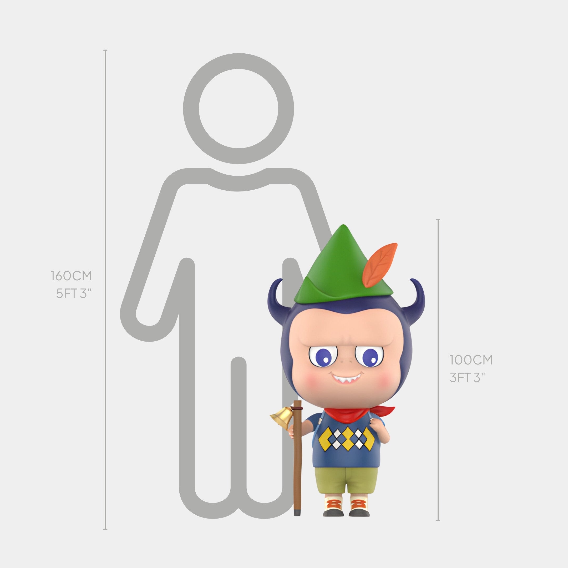 The Giant Sculptures Camp Life Forest Scout Labubu Sculpture stands 100cm tall, featuring Labubu in a green hat and red scarf with a staff, beside a 160cm human figure—perfect as a collectible display piece.