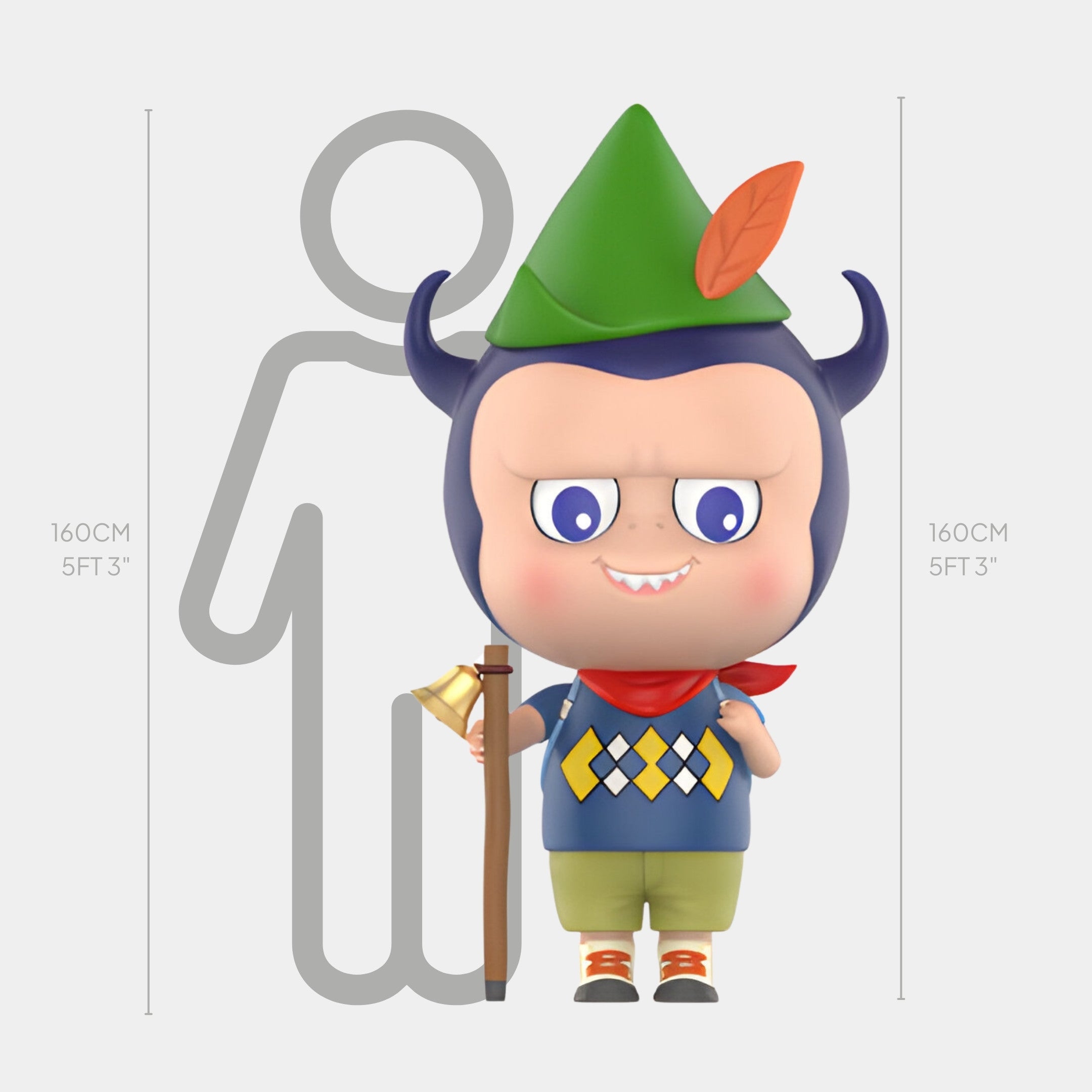 The Camp Life Forest Scout Labubu Sculpture by Giant Sculptures stands 160cm tall, featuring a devil-horned character with green hat and red feather—ideal as a whimsical indoor fibreglass figure for themed interiors.
