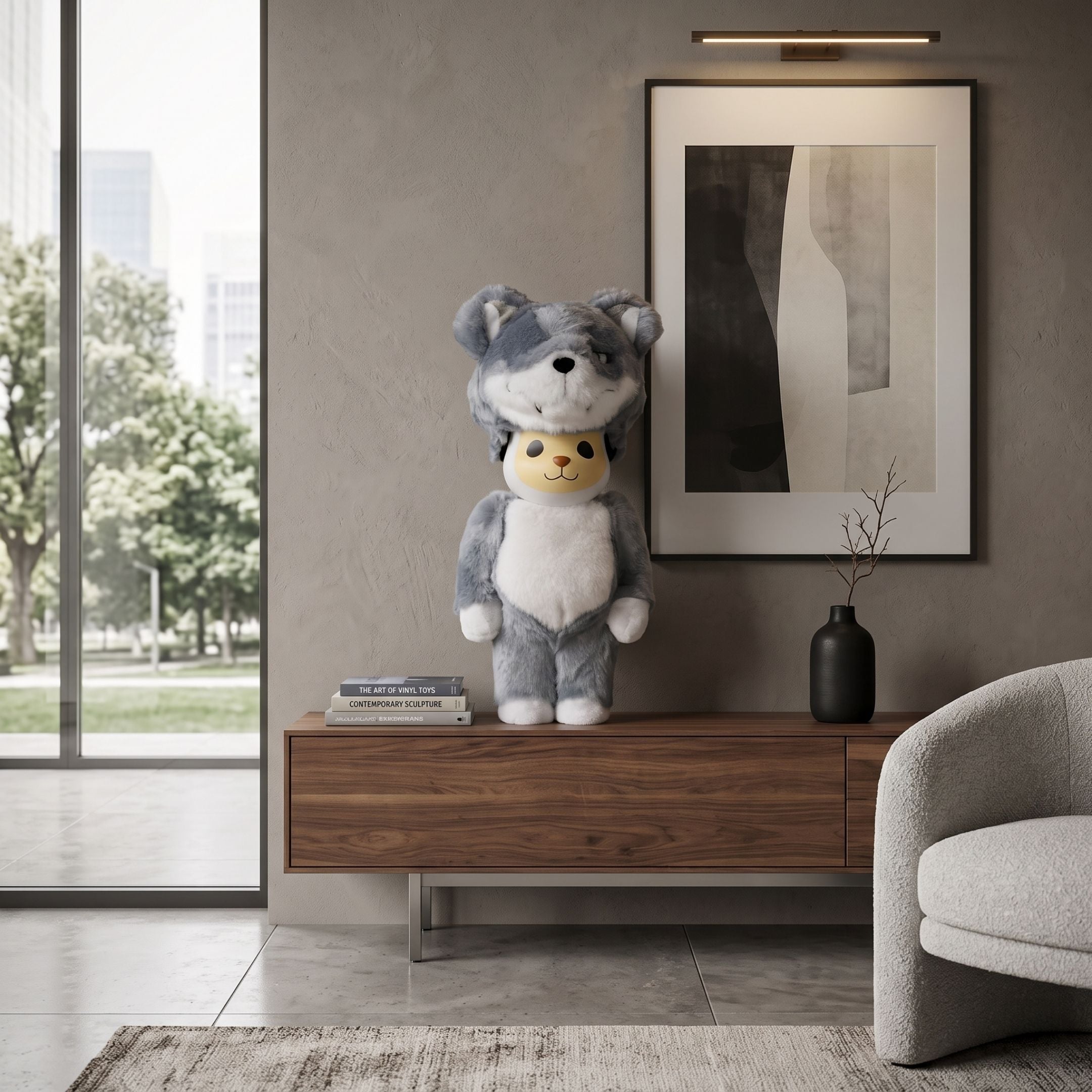 Hidden Howl Fur Bear Sculpture - 70cm, grey and white wolf-costumed bear on a walnut console beside framed art in a modern living room.