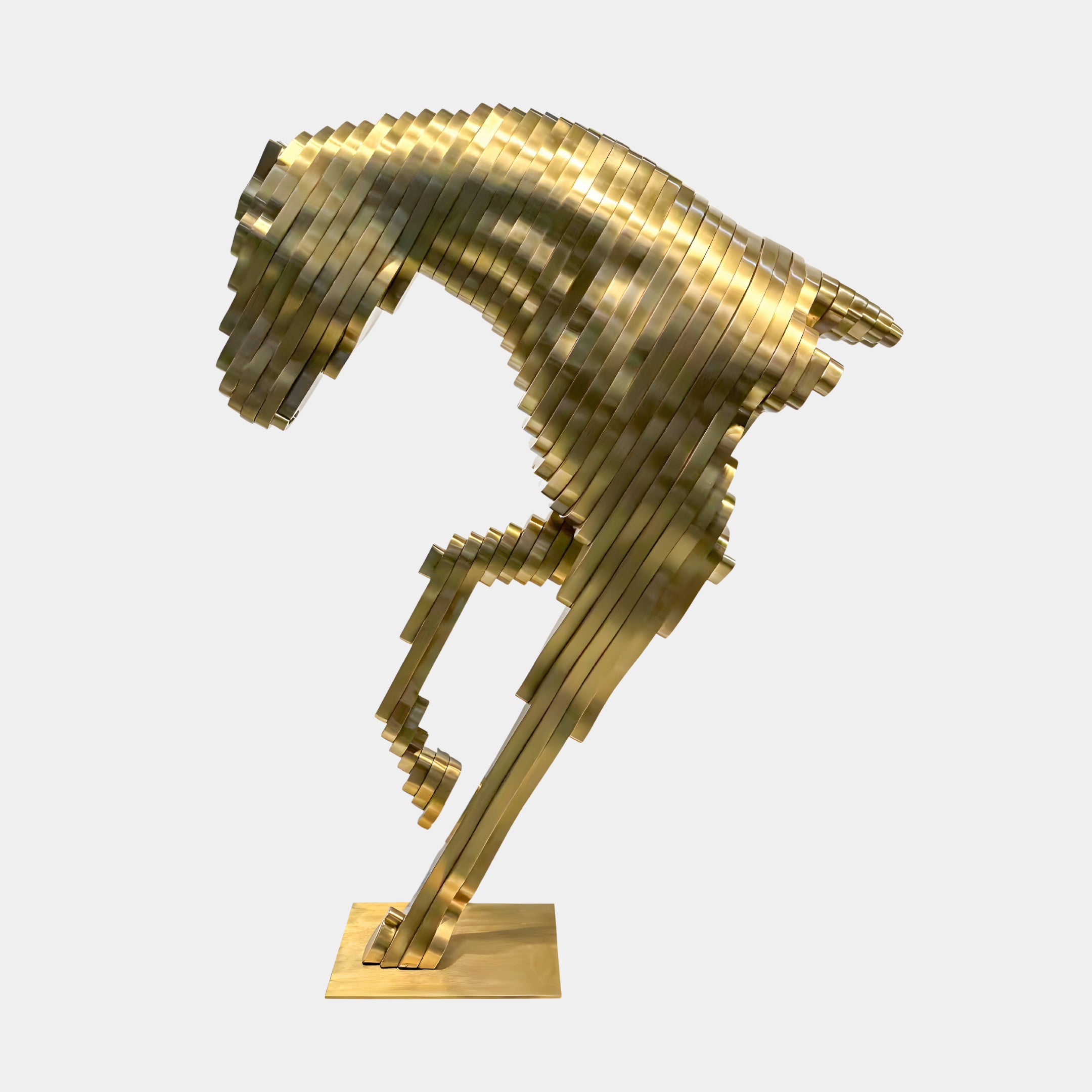 The Giant Sculptures Horse Gold Steel Abstract Sculpture (75/250cm) features a rearing horse crafted from stacked, flat gold stainless steel layers for a geometric look, set against a plain light gray background.