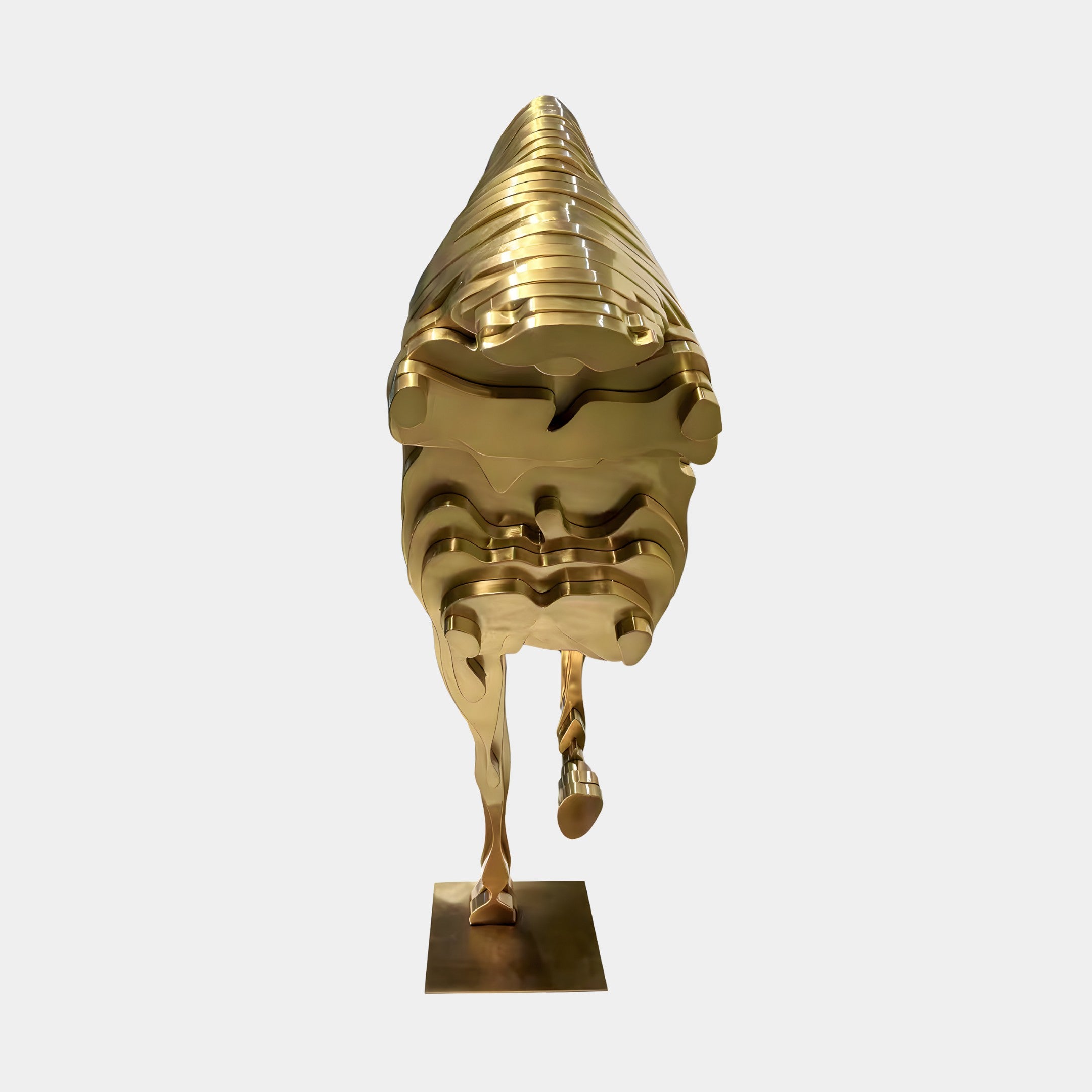 The Horse Gold Steel Abstract Sculpture (75/250cm) by Giant Sculptures features layered, curved gold stainless steel segments forming an abstract figure, and stands on a square base against a plain white background.