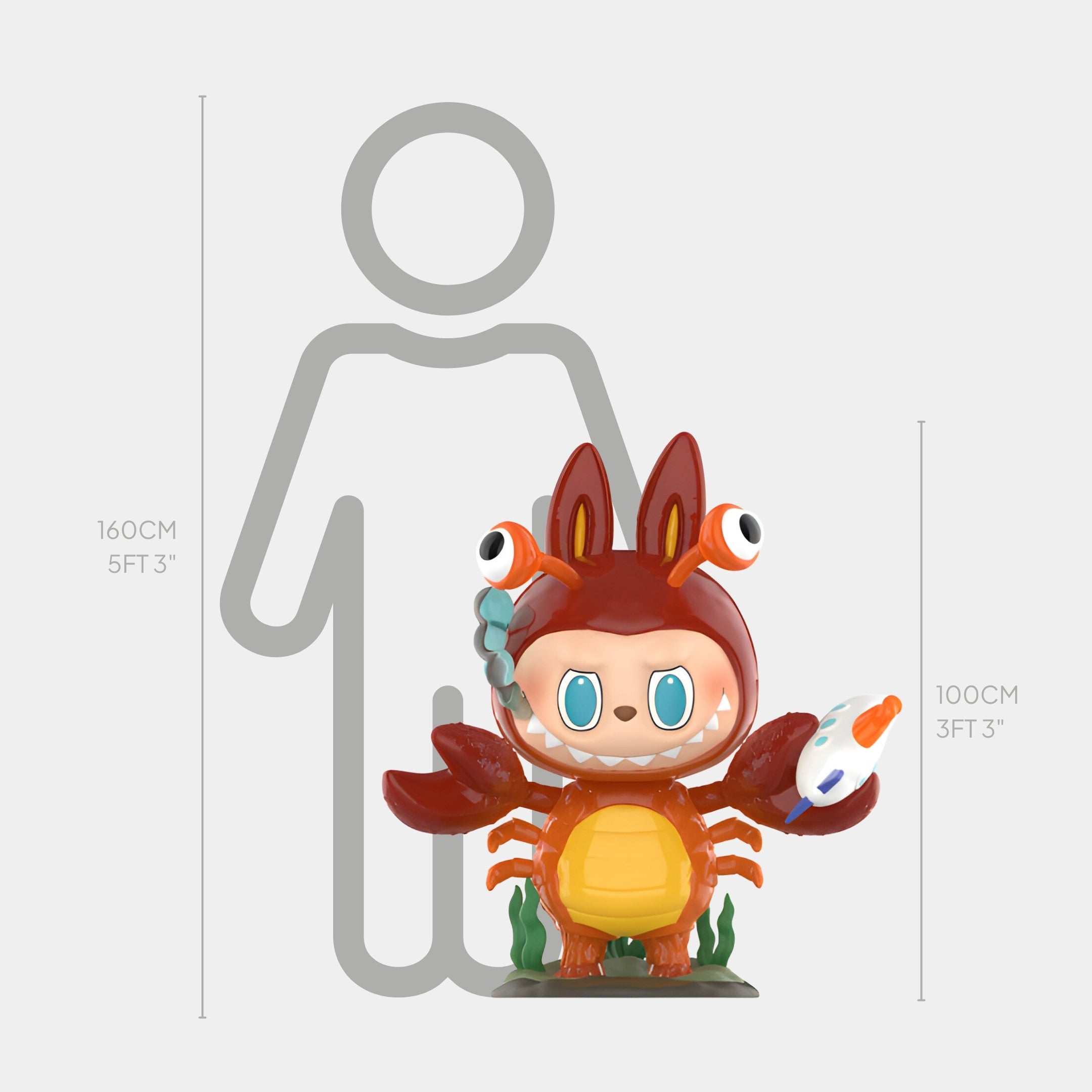 The Giant Sculptures Monsterverse Crab Warrior Labubu Sculpture stands 100cm tall, featuring a red crab costume with large claws and googly eyes, shown next to a 160cm human outline to highlight its impressive fibreglass design.