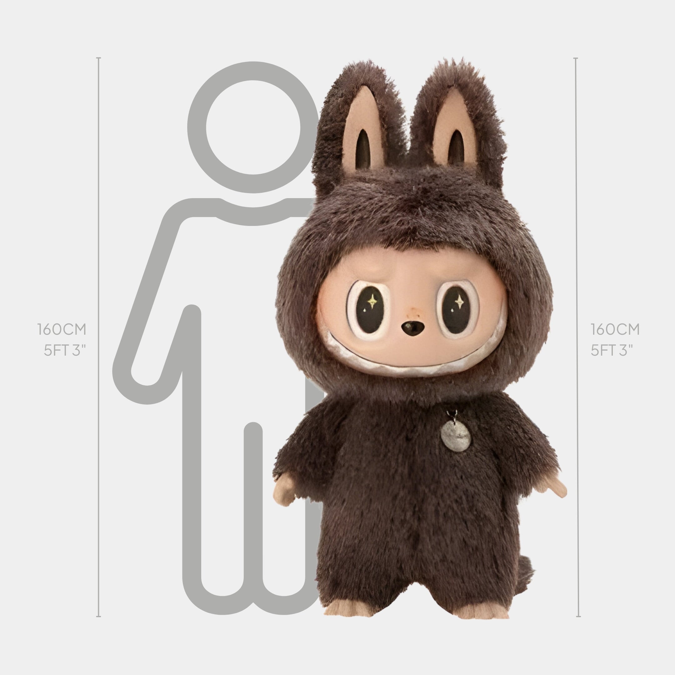 The Monster I Found You Zimomo Labubu Sculpture by Giant Sculptures is a 160cm plush doll in a brown bunny costume with faux fur, large eyes, big ears, and a round face, shown beside a 160cm human for scale.