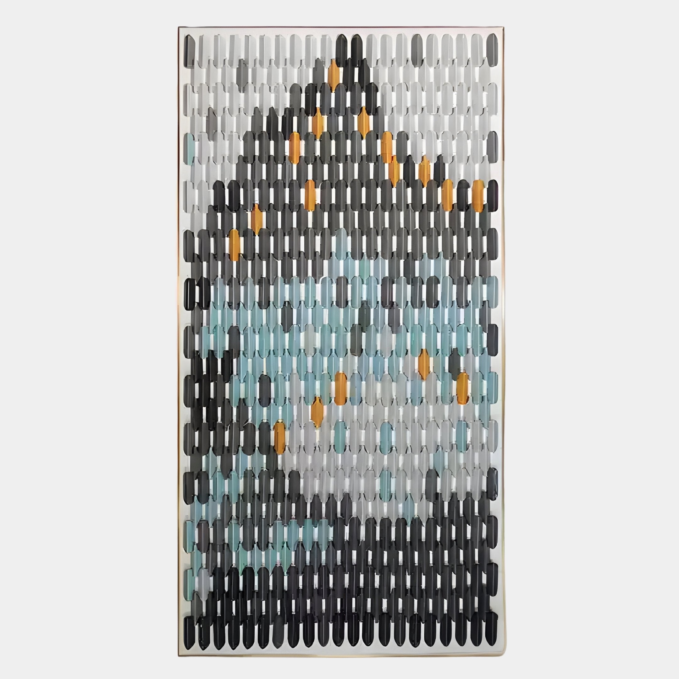 The Artevo Sculptural 3D Ceramic Wall Art by Giant Sculptures features a contemporary rectangular design with vertical rows of black, white, blue, and orange capsules forming an abstract penguin on a light background.