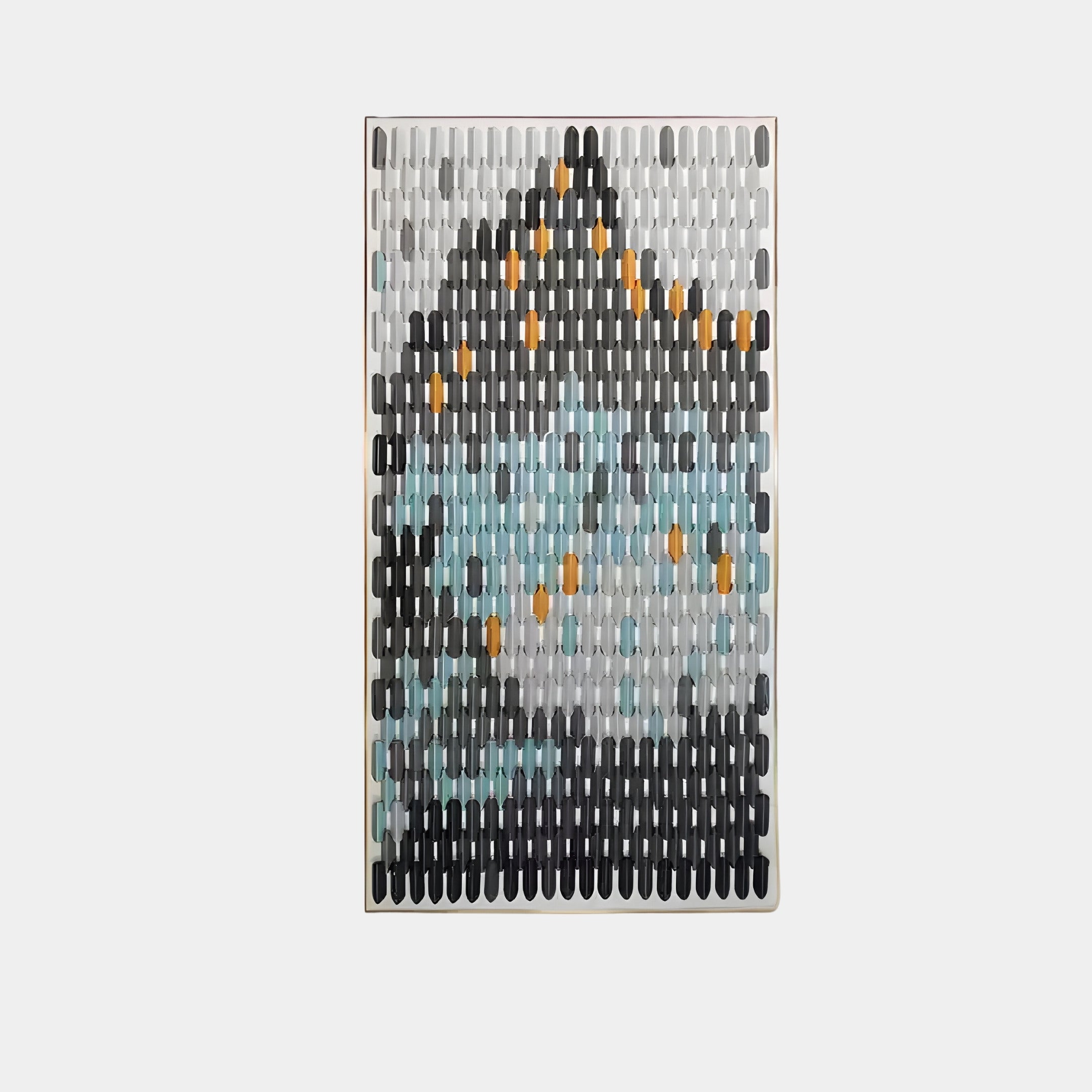 The Artevo Sculptural 3D Ceramic Wall Art by Giant Sculptures features contemporary geometric interlocking vertical ovals in black, white, orange, and teal, creating an abstract mountain motif on a rectangular canvas.