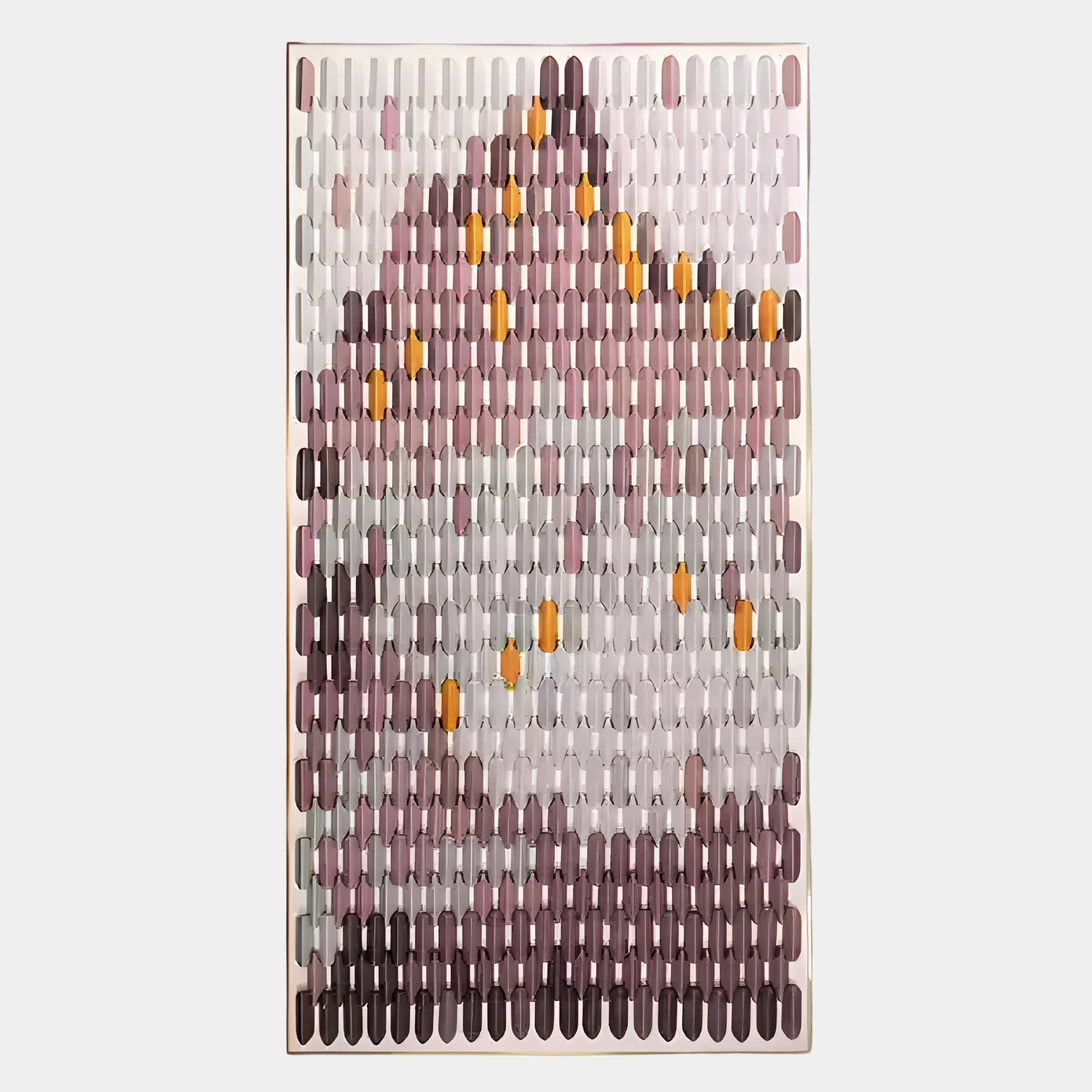 The Artevo 3D Ceramic Wall Art by Giant Sculptures features rows of capsule shapes in plum and amber tones, forming an abstract pattern on a rectangular panel.