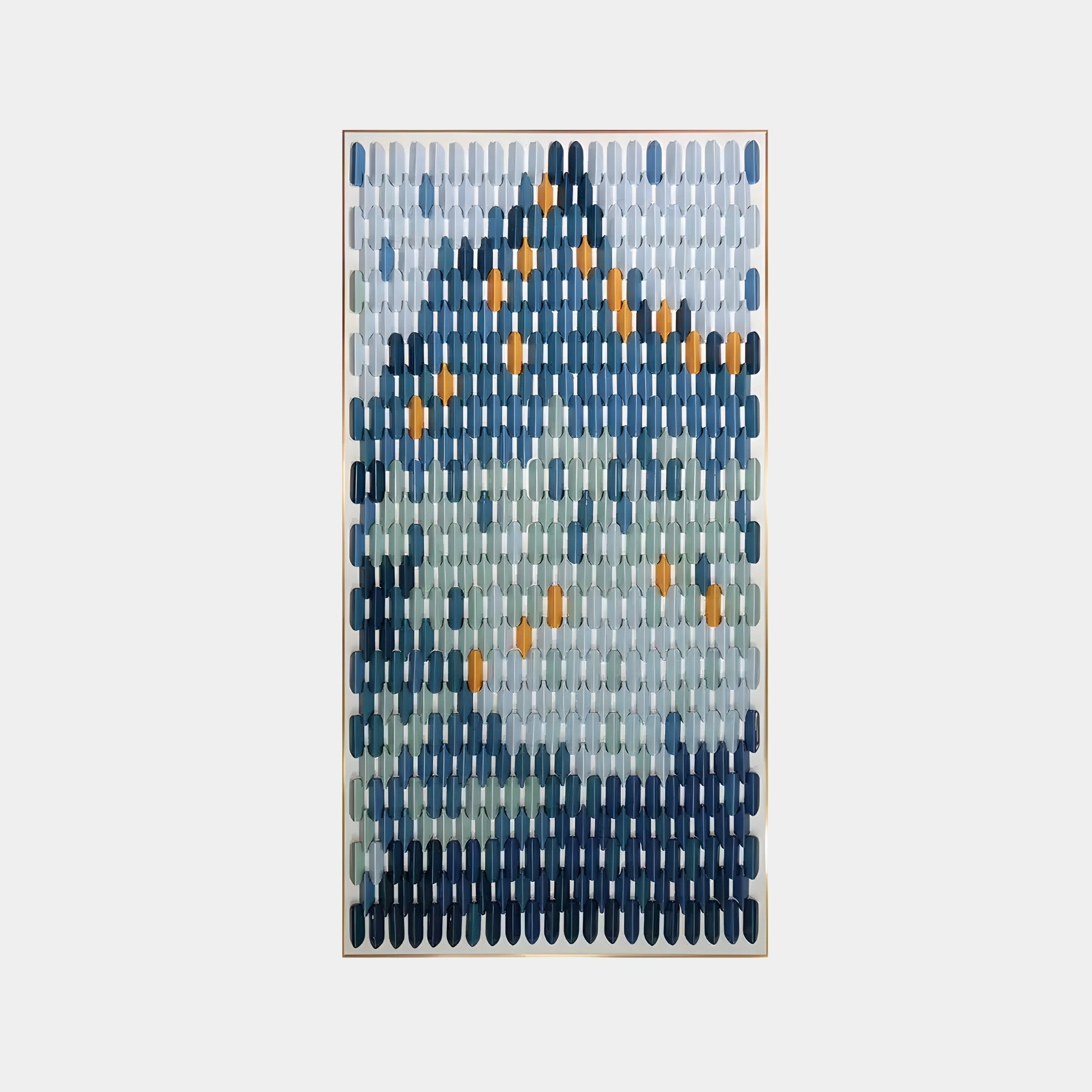 The Artevo 3D Ceramic Wall Art by Giant Sculptures features a wave-like design with overlapping capsules in blue, gray, and orange on white, ideal for modern interiors.