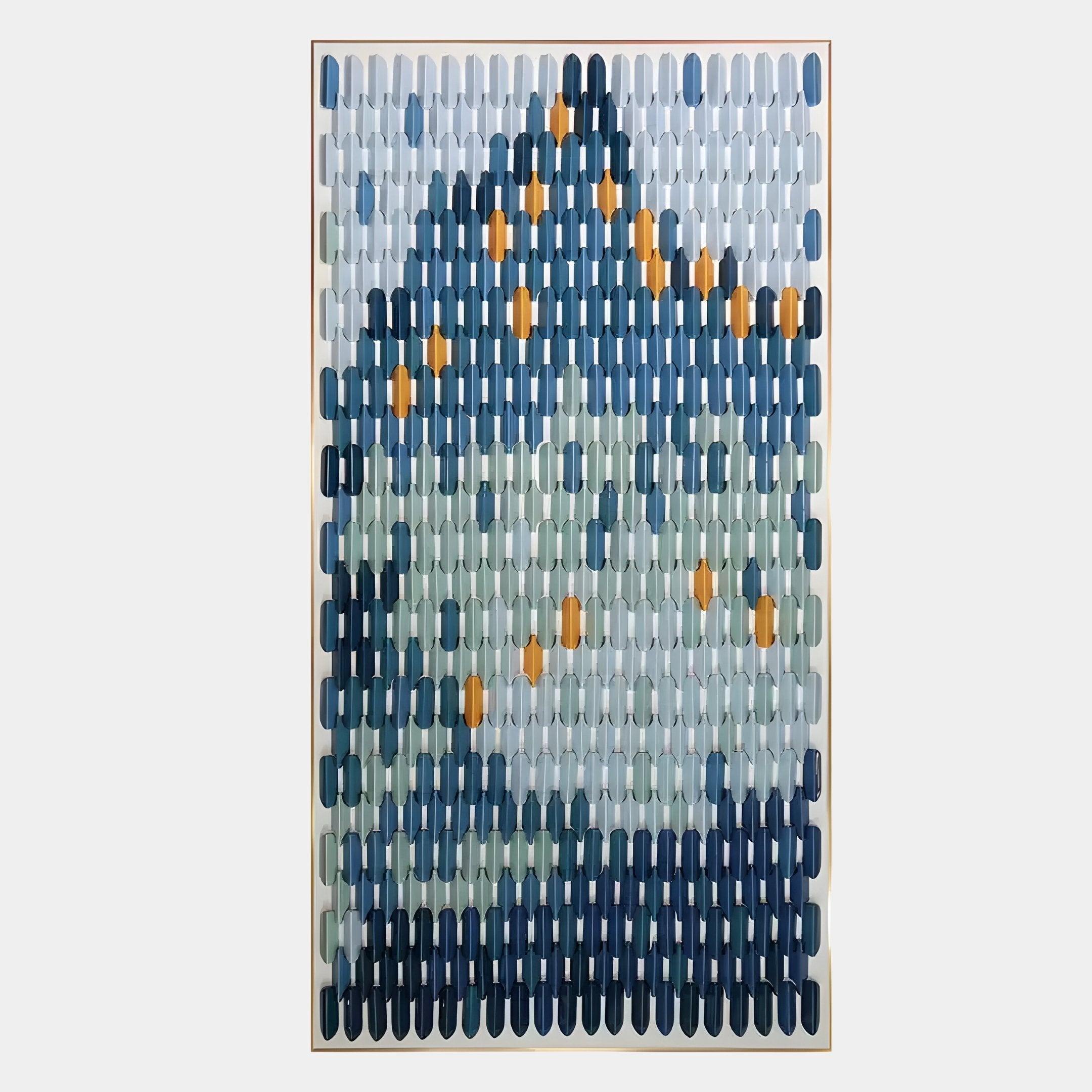 The Artevo 3D Ceramic Wall Art by Giant Sculptures features a modern sculptural design with rows of rounded, vertical shapes in blue, gray, and orange—ideal for adding geometric interest to contemporary interiors.