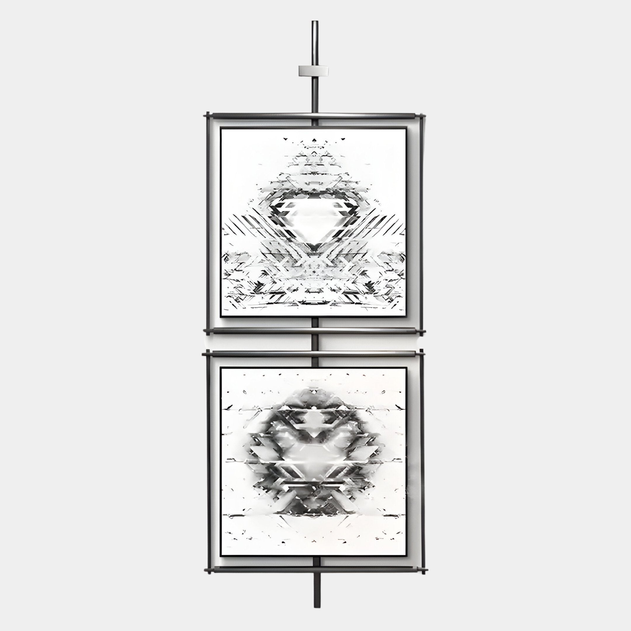 The Vistarte Geometric Illusions Abstract Dual Panel Metal Wall Art by Giant Sculptures features two vertically aligned rectangular pieces with symmetrical, geometric textures—ideal for adding a modern touch to any room.