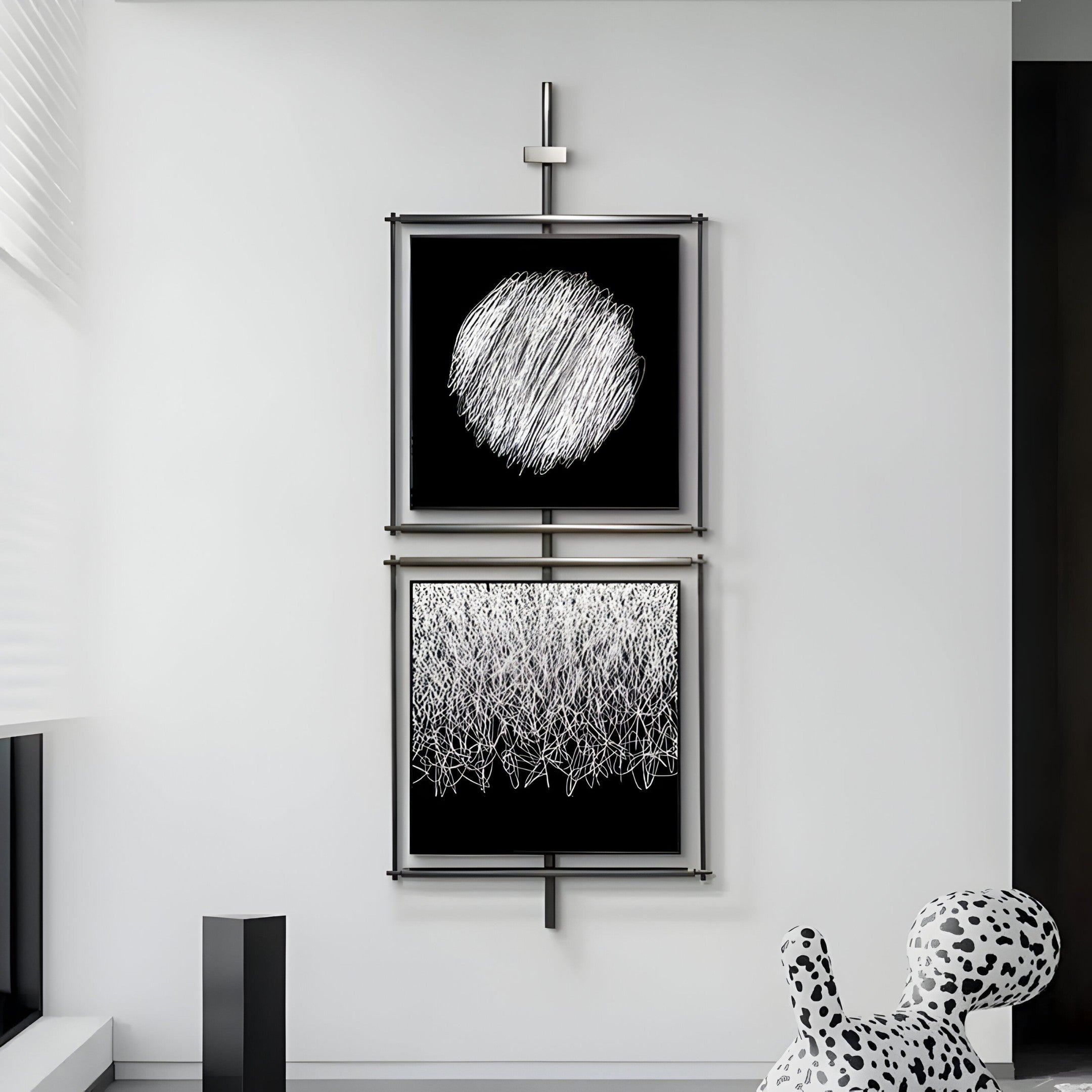 Giant Sculptures Vistarte Lunar Textures Abstract Dual Panel Metal Wall Art decorates a modern interior with its top panel showcasing lunar-like scribbled circles and bottom with intricate lines, all on a white wall. In the foreground, a black and white dog statue basks in natural light.