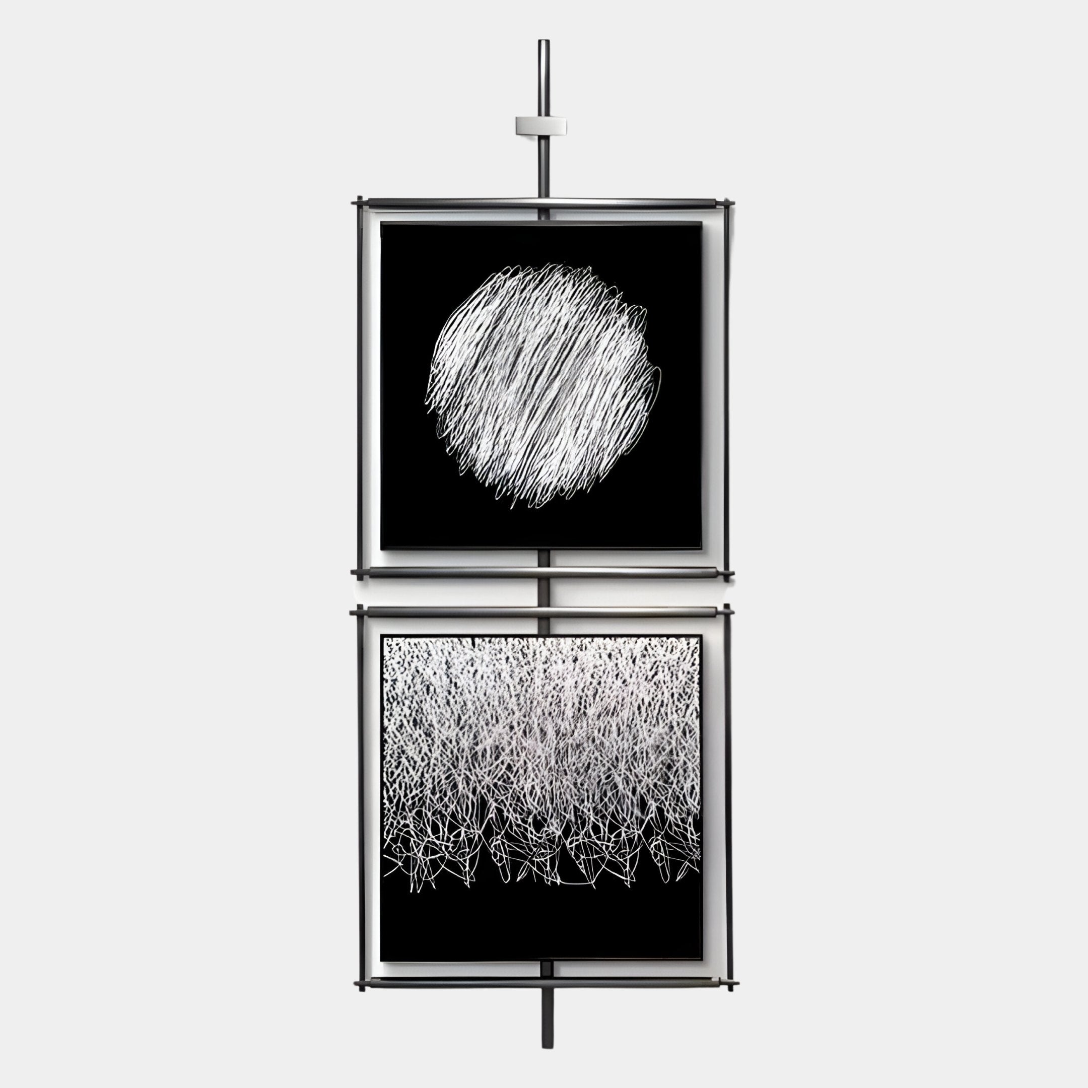 The Giant Sculptures Vistarte Lunar Textures Abstract Dual Panel Metal Wall Art features two vertically arranged frames: the top displays a circular scribble, while the bottom showcases dense, chaotic lines.