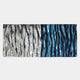 The Ripple Dual-Tone Chrome & Blue Textured Wall Art by Giant Sculptures features a rectangular metallic panel with wavy, vertical reflective patterns that create a gradient from chrome and blue to silver, evoking the look of rippling water.