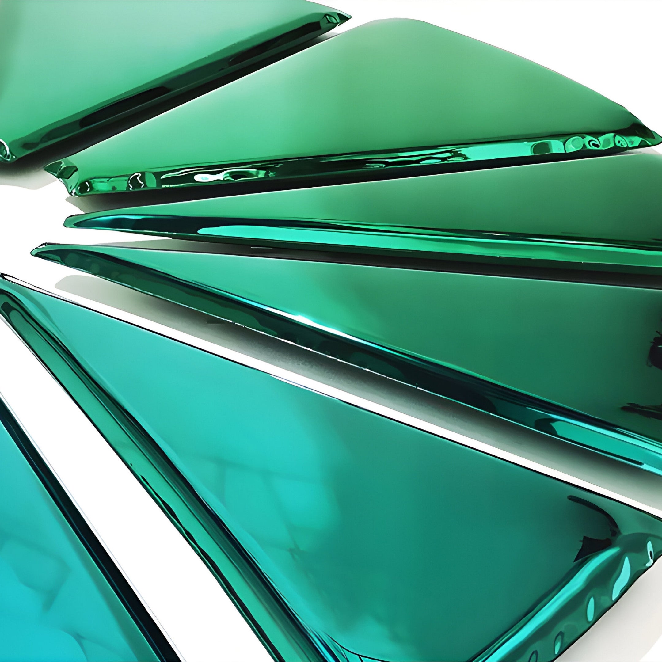 The Halo Emerald Segment Circle 3D Metal Wall Art by Giant Sculptures showcases glossy emerald triangles overlapping to create depth and dynamism, reminiscent of abstract modern art, against a plain white background—ideal for contemporary decor.