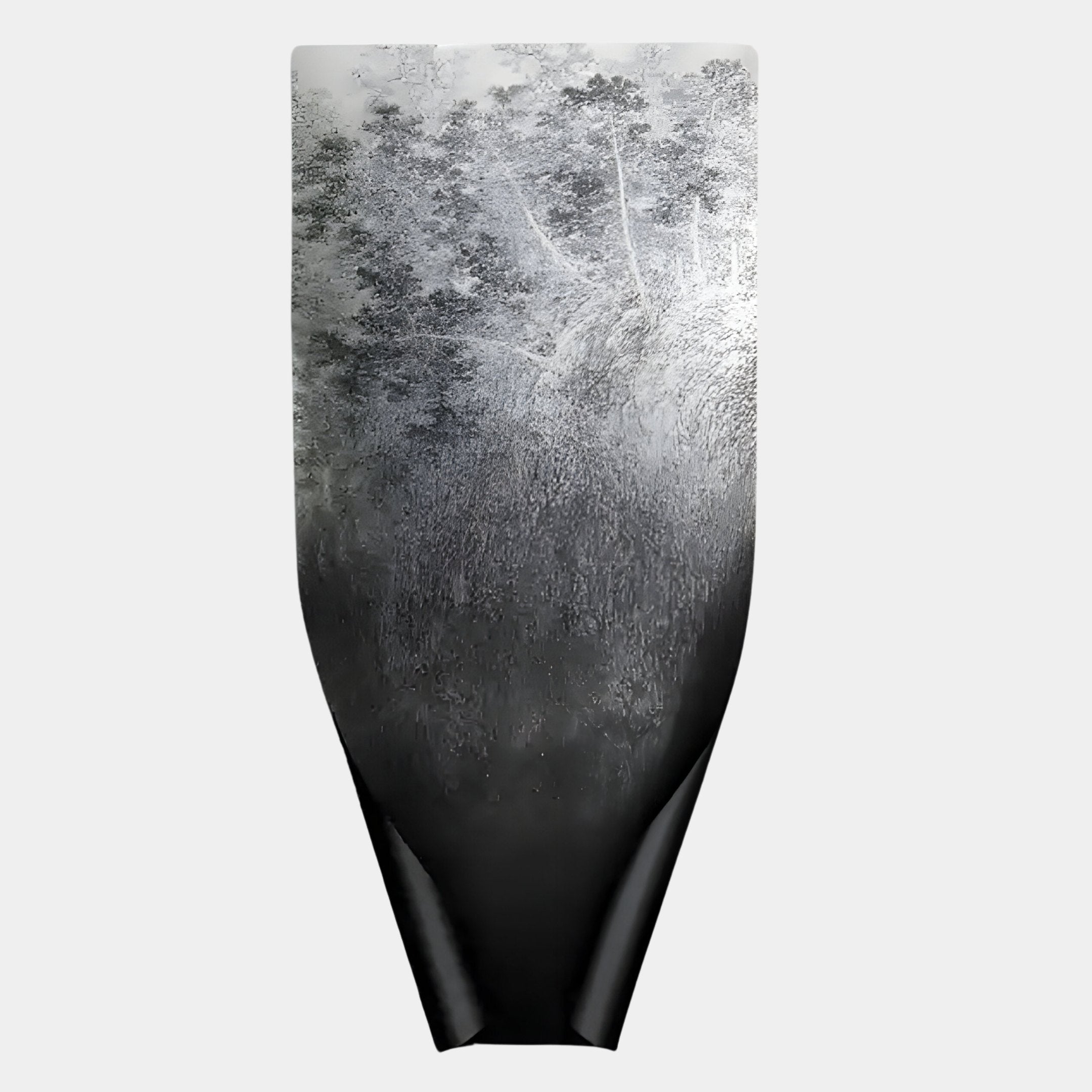 The Echo Forest Textured Abstract Panel Metal Etched 3D Wall Art by Giant Sculptures features a sleek, modern design with a glossy finish and intricate silver tree patterns, creating a striking centerpiece that evokes a misty forest scene.