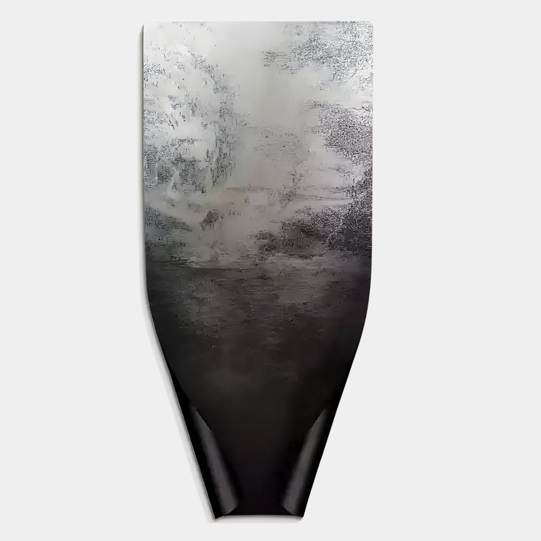 The Echo Mist Landscape Abstract Panel by Giant Sculptures is a vertical 3D metal etched wall art with a matte, reflective finish and cloudy silver, gray, and black patterns—perfect as striking modern decor.