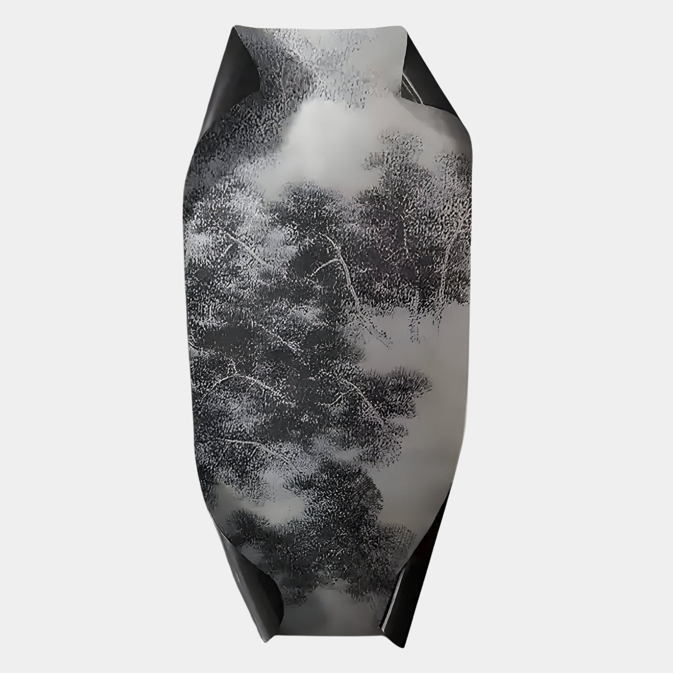 Echo Nature-Inspired Abstract Panel Metal Etched 3D Wall Art by Giant Sculptures features geometric, angular forms and monochrome landscape designs with detailed trees and foliage, echoing modern ceramic aesthetics.
