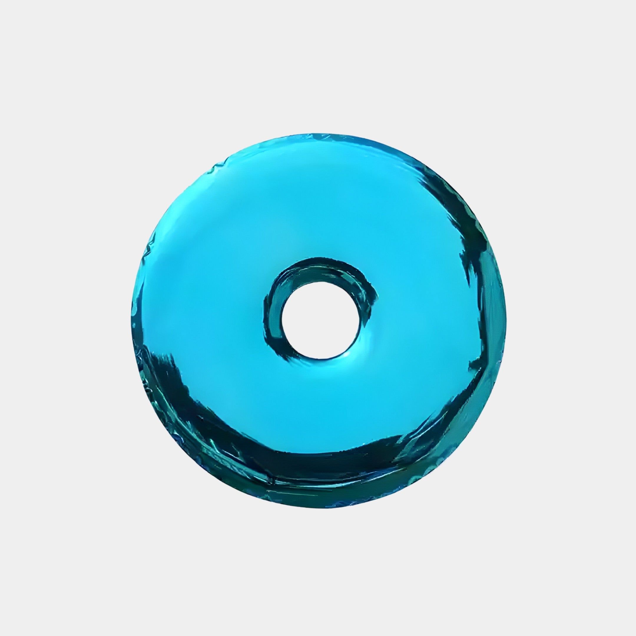 Centered against a plain white background is the Auro Sapphire Blue Round Gloss Metal 3D Wall Art by Giant Sculptures, featuring a shiny, translucent turquoise finish reminiscent of modern interior decor.