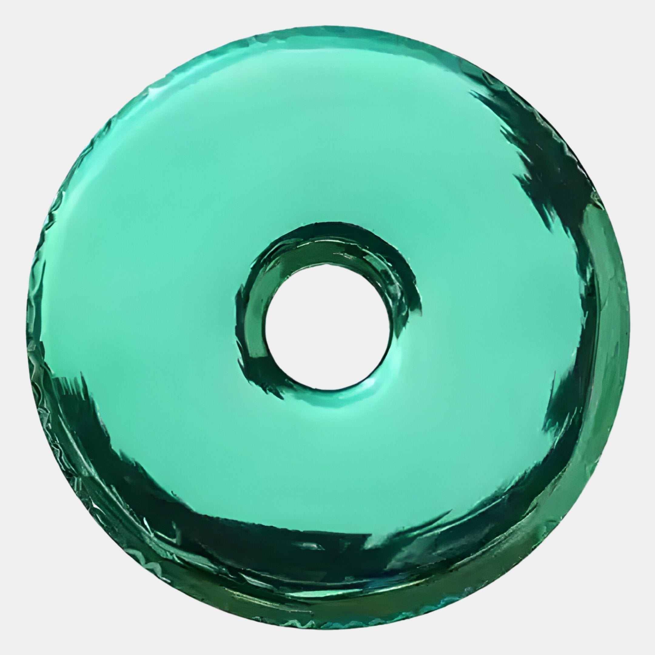 The Auro Emerald Round Gloss Metal 3D Wall Art by Giant Sculptures features a shiny, metallic green finish and donut-shaped design, adding a modern touch to contemporary interiors. Displayed against a plain white background.