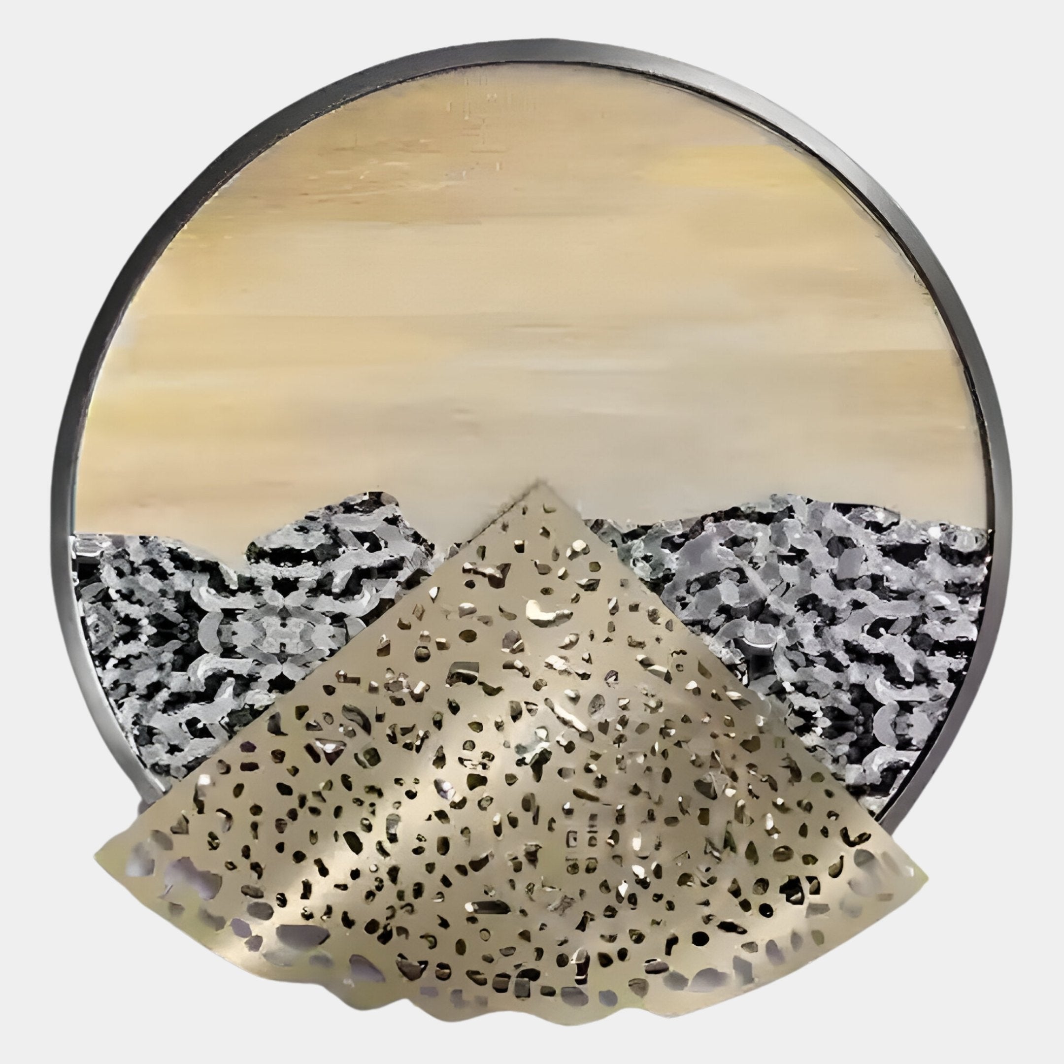 The Aurelio Bottom Metallic Layered Textured Round Wall Art by Giant Sculptures features a hand-painted abstract landscape with a pale sky, black and white mountains, and a perforated gold triangle in the foreground for added depth.