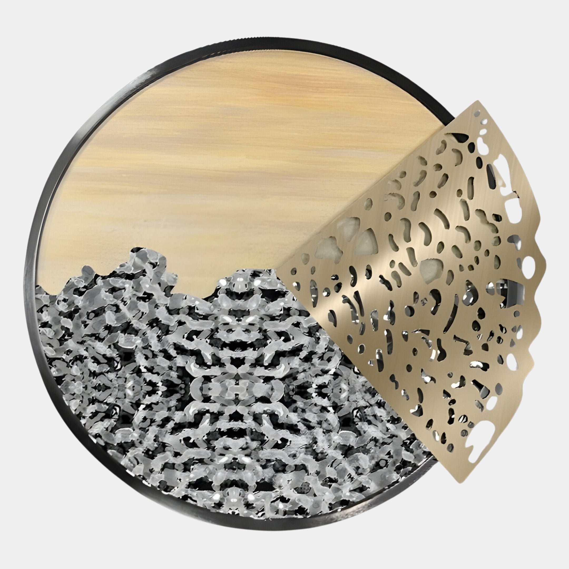 The Aurelio Right Metallic Layered Textured Wall Art by Giant Sculptures features a circular design with a textured silver and black interior, smooth beige top, and partially peeled perforated gold piece—ideal for modern decor.