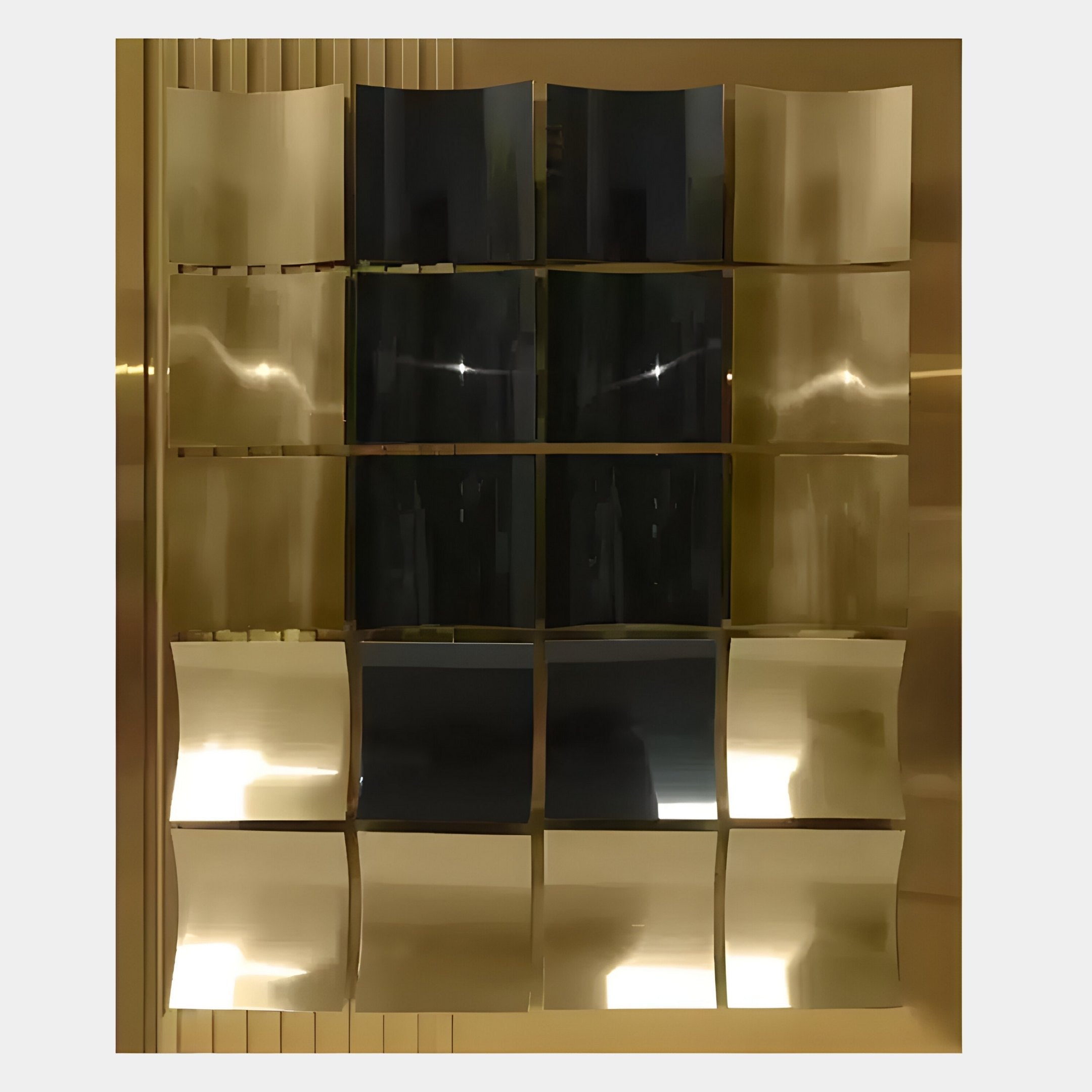 The Onda Gold Rippled Geometric Metal 3D Wall Art by Giant Sculptures features 16 reflective, gold-toned tiles arranged in a square for modern elegance and eye-catching, wavy reflections on any wall.