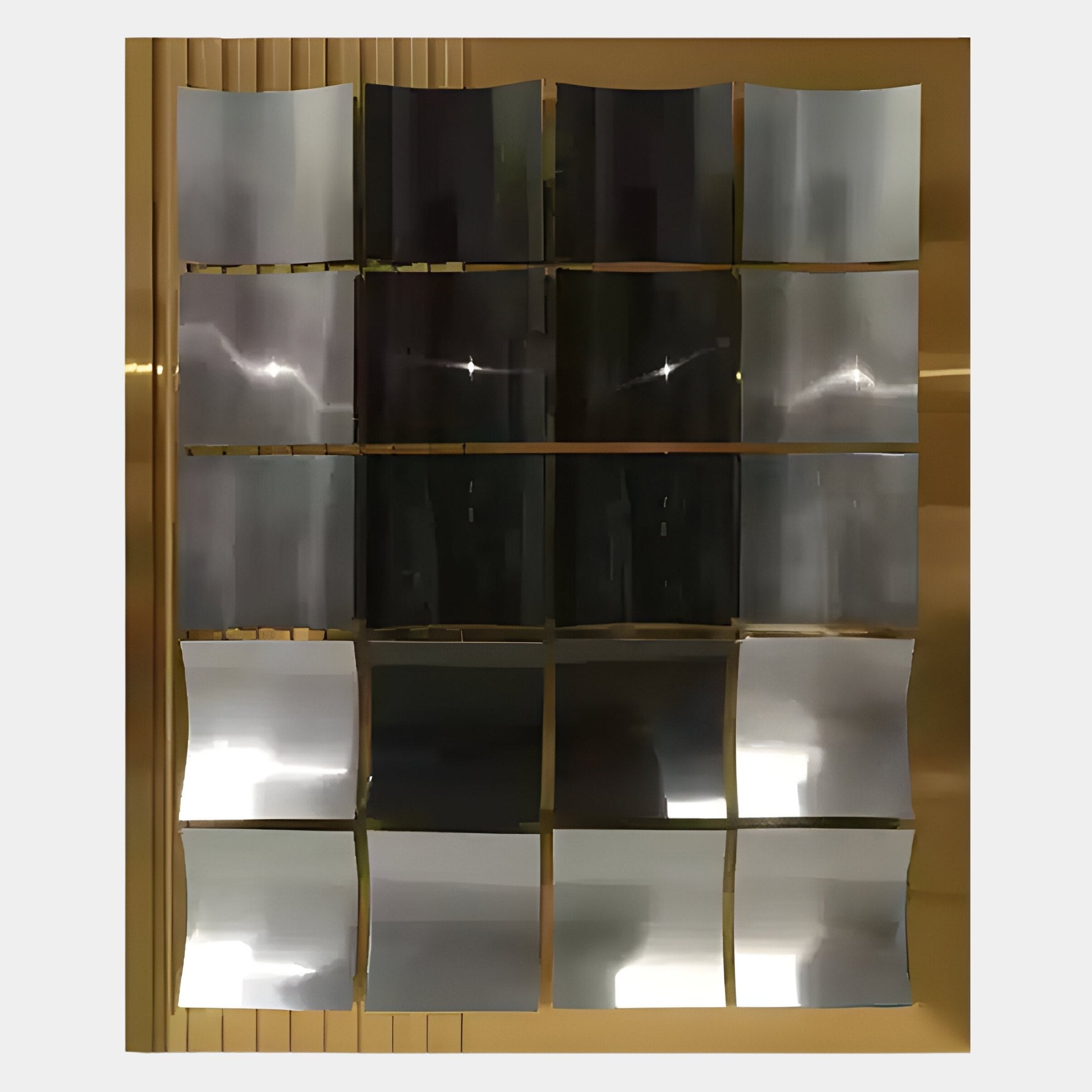 The Onda Gold & Silver Rippled Geometric Metal 3D Wall Art by Giant Sculptures features metallic, concave squares that reflect light for an elegant, abstract look—perfect for adding intrigue to luxury modern interiors.