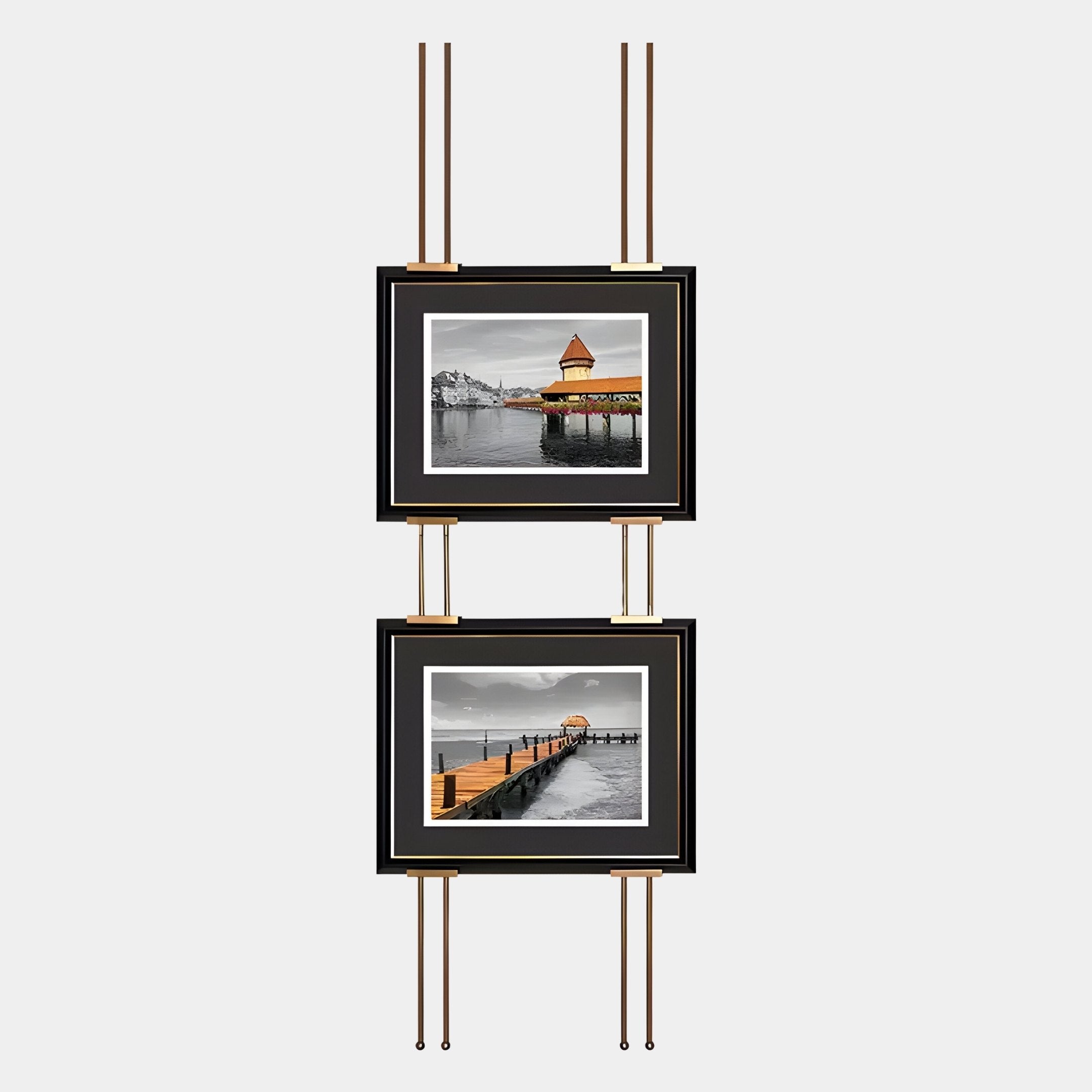 The Imperia Serene Lakeside View Dual Frame Metal Wall Art by Giant Sculptures features two vertical photos of piers over water, each ending in a unique structure, for a refined and tranquil decor statement.