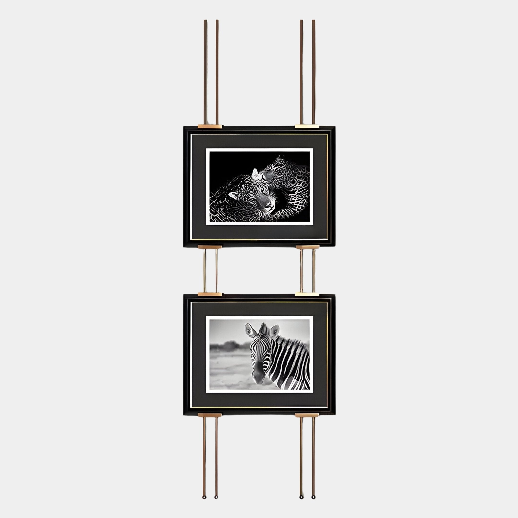 The Imperia Wildlife-Inspired Zebra & Leopard Dual Frame Wall Art by Giant Sculptures features two black-and-white photos mounted vertically on a modern metal stand with four rods, ideal for contemporary spaces and shown against a plain white background.