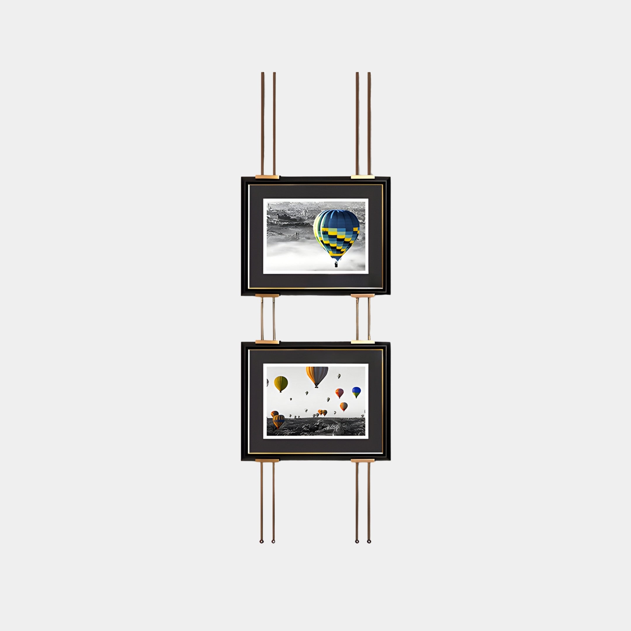 Capture a modern aesthetic with the Imperia Vibrant Balloon Journey Dual Frame Metal Wall Art by Giant Sculptures. The minimalist black frame displays two photos: one with a single colorful balloon and the other with multiple balloons in black and white featuring vibrant highlights.