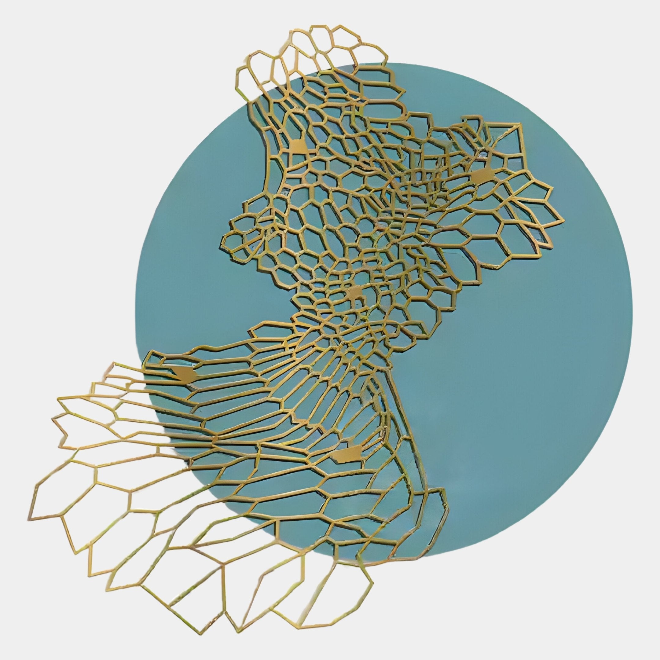 The Cellura Turquoise Geometric Layered Gold Wired Metal Wall Art by Giant Sculptures features a circular teal surface with an intricate gold honeycomb design extending beyond the edges for striking modern wall decor.