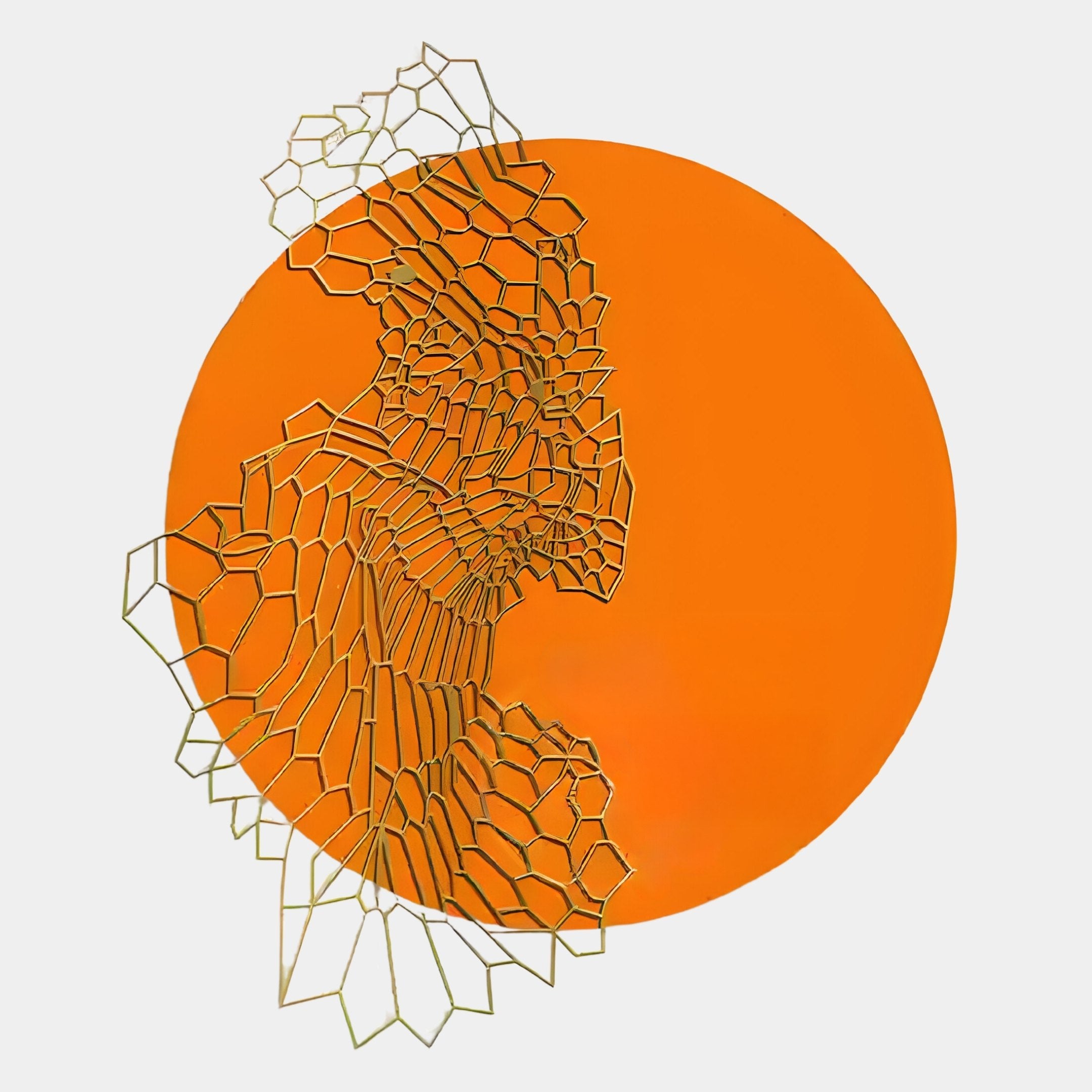 The Cellura Orange Geometric Flow Gold Wired Metal Wall Art by Giant Sculptures features a large orange circle with an intricate abstract gold wireframe design, making it perfect for contemporary interior decor on a plain white background.