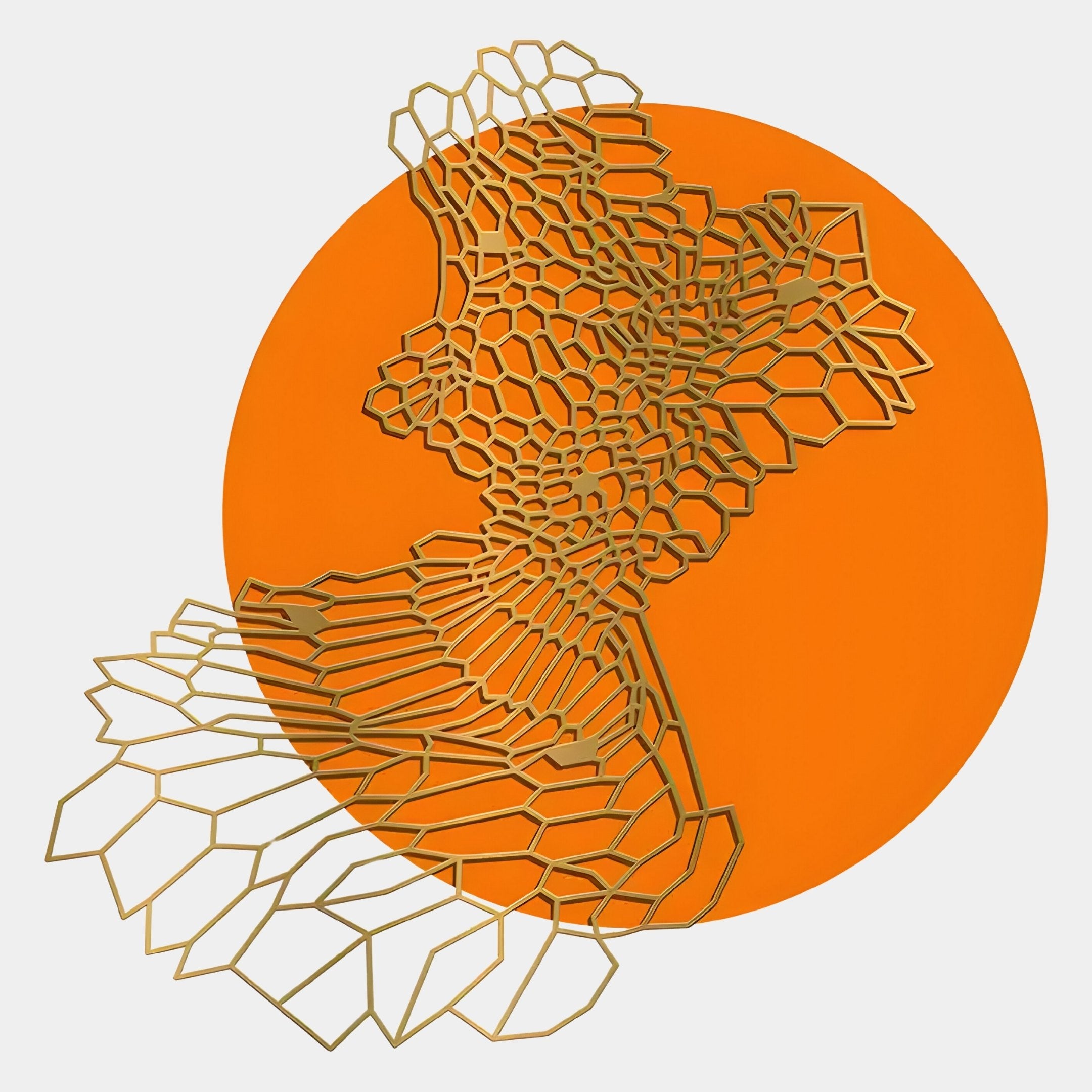 Cellura Orange Geometric Layered Gold Wired Metal Wall Art by Giant Sculptures features abstract gold honeycomb weaving around a large orange circle—ideal for striking, modern wall décor.