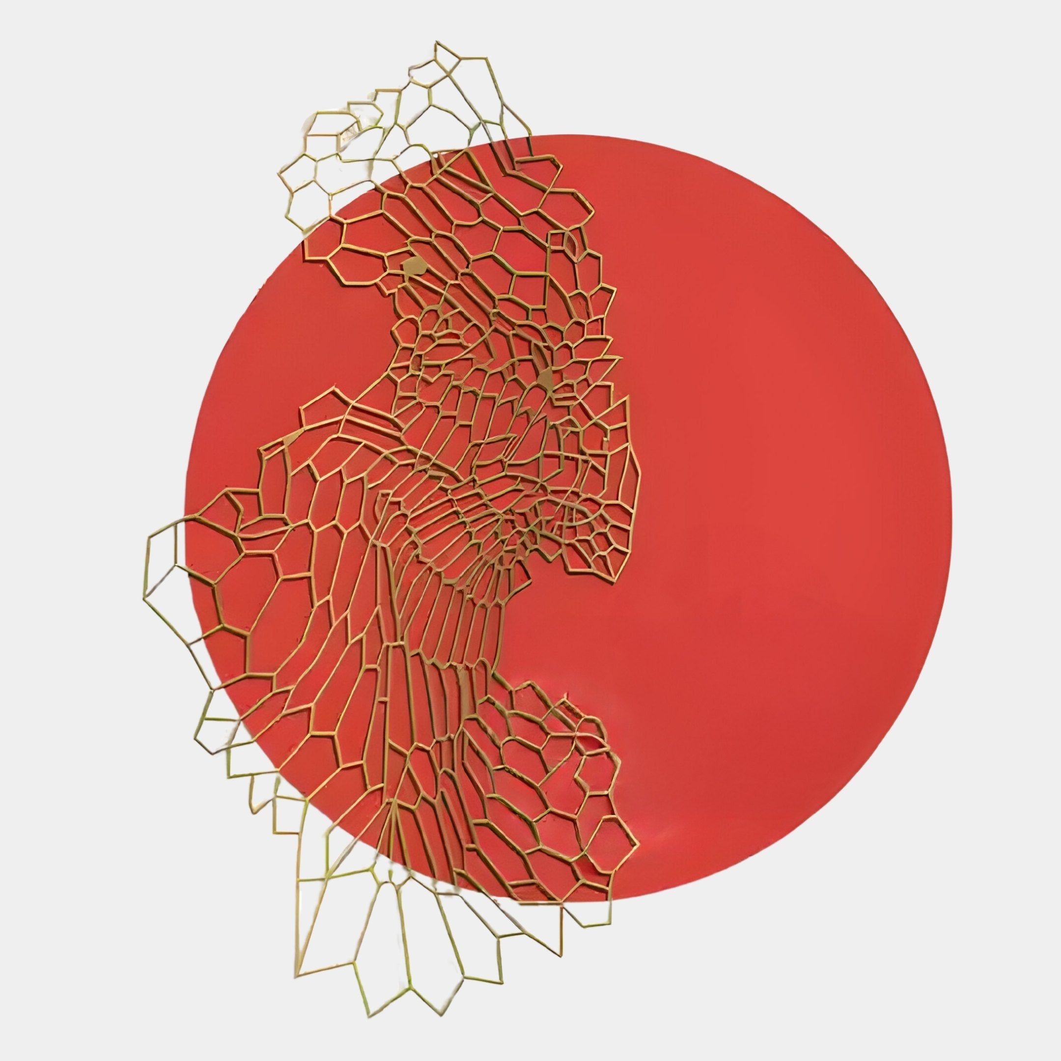 The Cellura Red Geometric Flow Gold Wired Metal Wall Art by Giant Sculptures features a bold red circle with a striking gold wired geometric pattern on the left, creating a modern masterpiece against a white background.