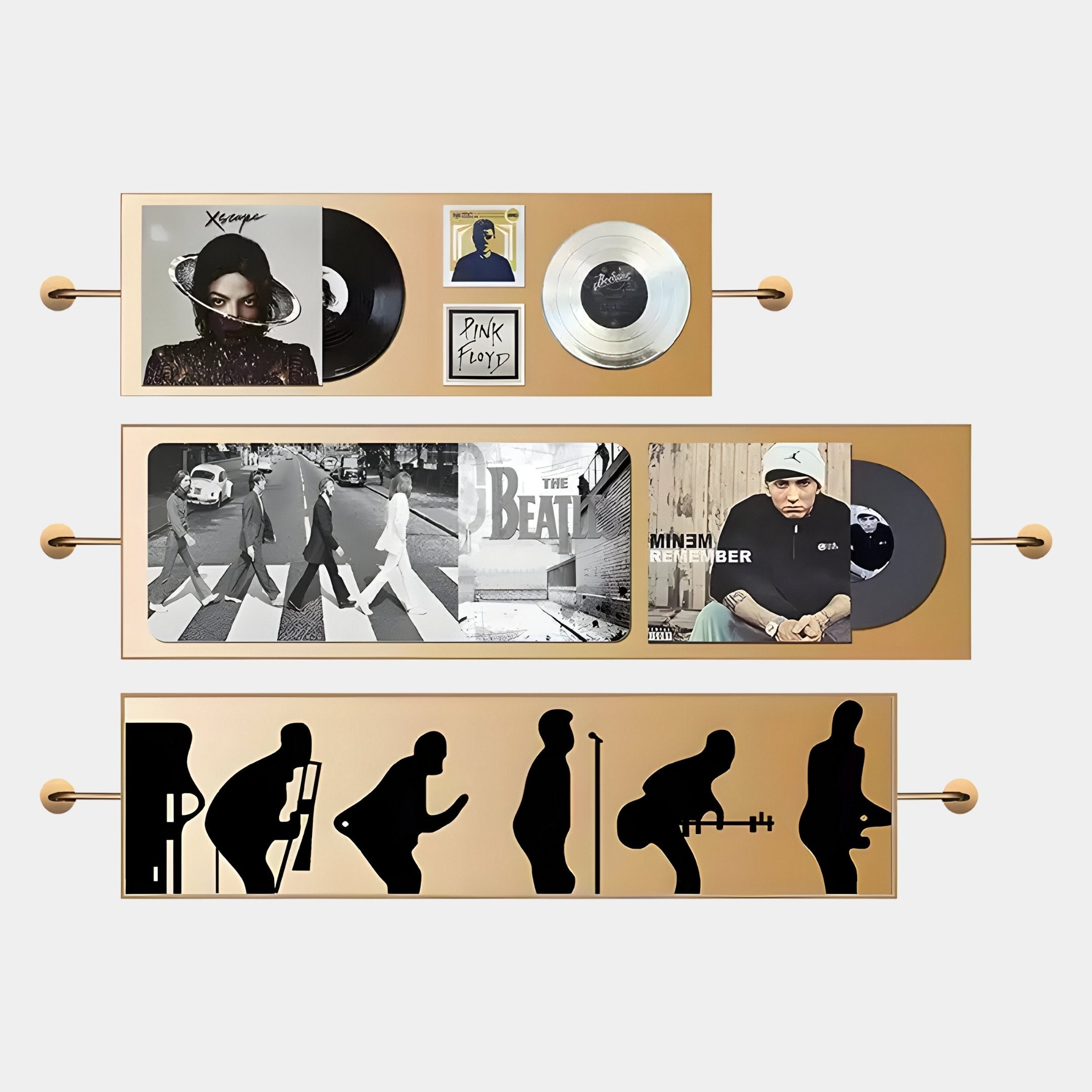 The Resonance Multi-Panel Record & Silhouette Wall Art by Giant Sculptures features iconic vinyl covers—Sade, Pink Floyd, The Beatles, Eminem—and a bold evolutionary silhouette for a stunning music-themed wall display.