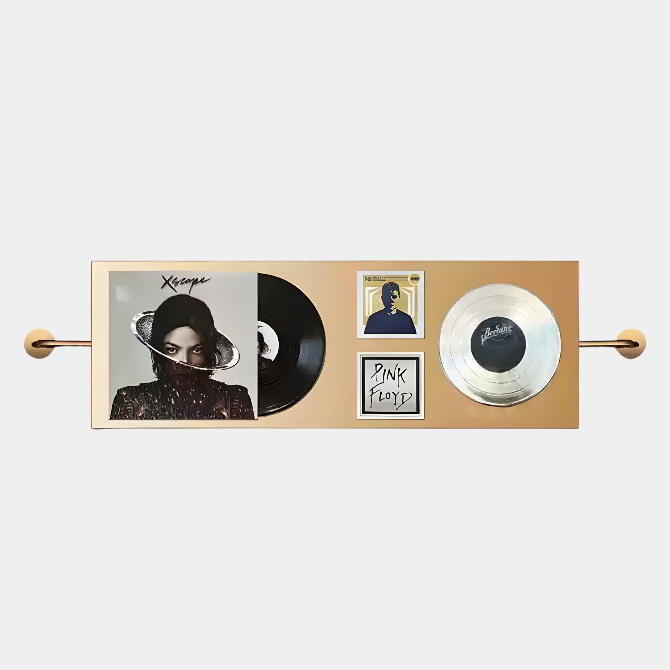 The Resonance Record Wall Art - Michael Jackson & Pink Floyd by Giant Sculptures features a framed display with a Michael Jackson Xscape vinyl and cover, a Pink Floyd card, and a silver disc on a light board with round supports.