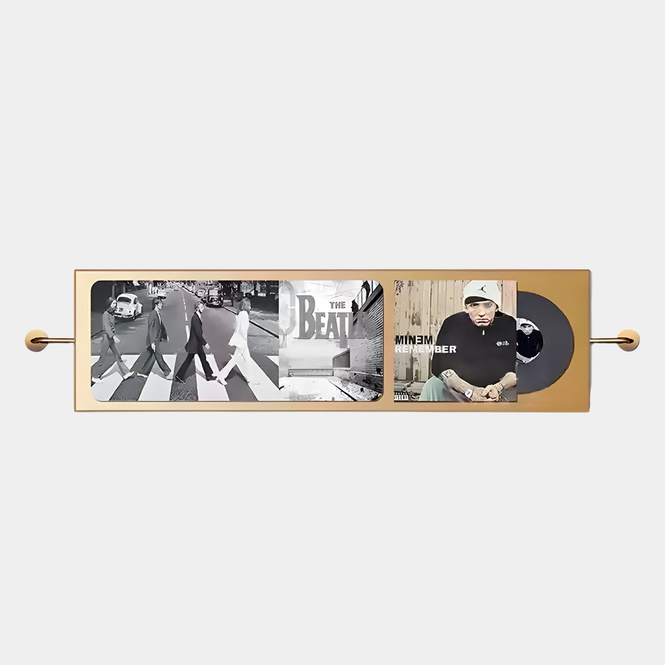 The Giant Sculptures Resonance Record Wall Art displays three vinyl albums—The Beatles’ Abbey Road and Eminem’s The Marshall Mathers LP—with visible covers and a black vinyl, creating striking music décor.