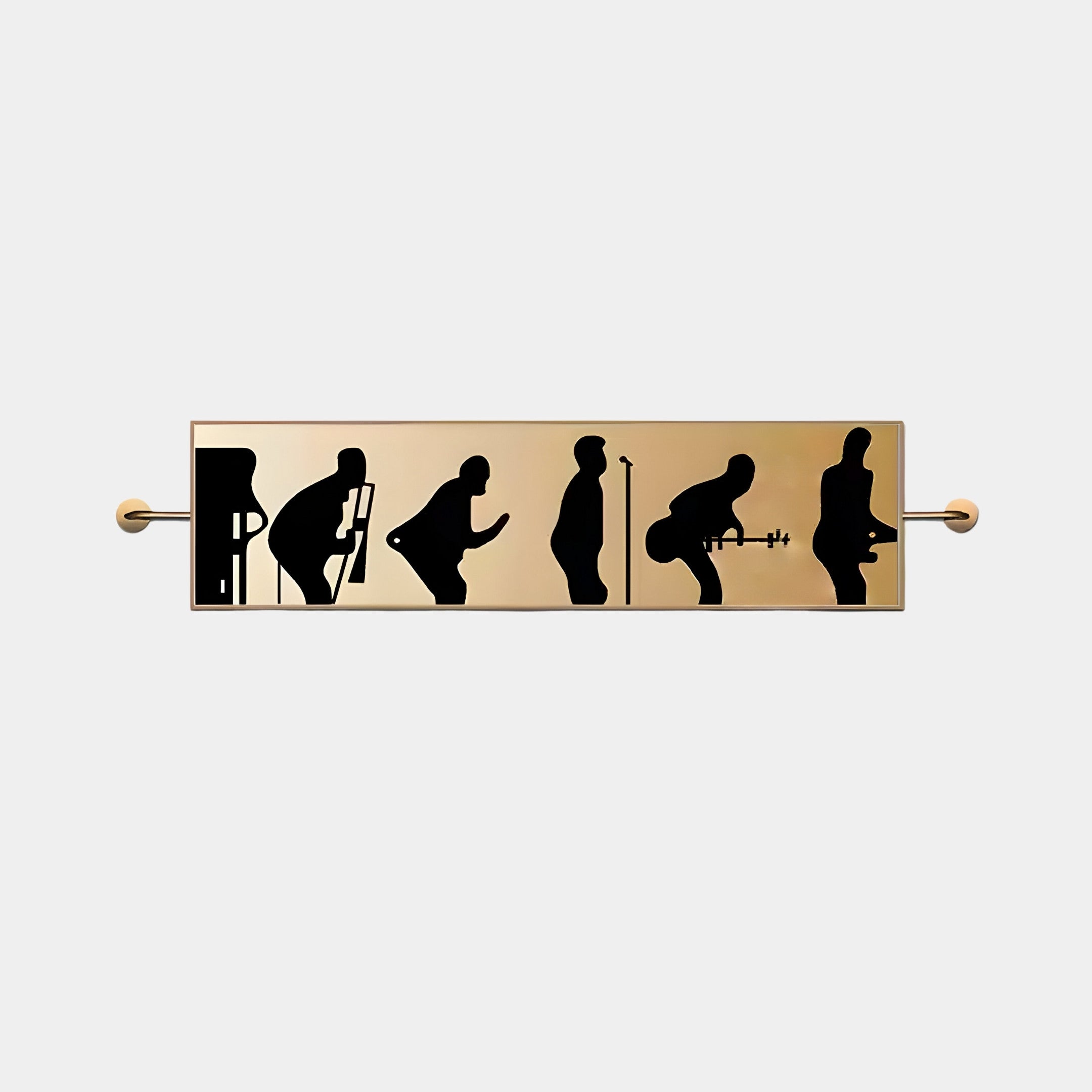 The Resonance Musical Evolution Silhouette Wall Art by Giant Sculptures features a rectangular stainless steel plate with black figures depicting various poses, like using the toilet. Its mounted on a light grey background, adding a modern touch.