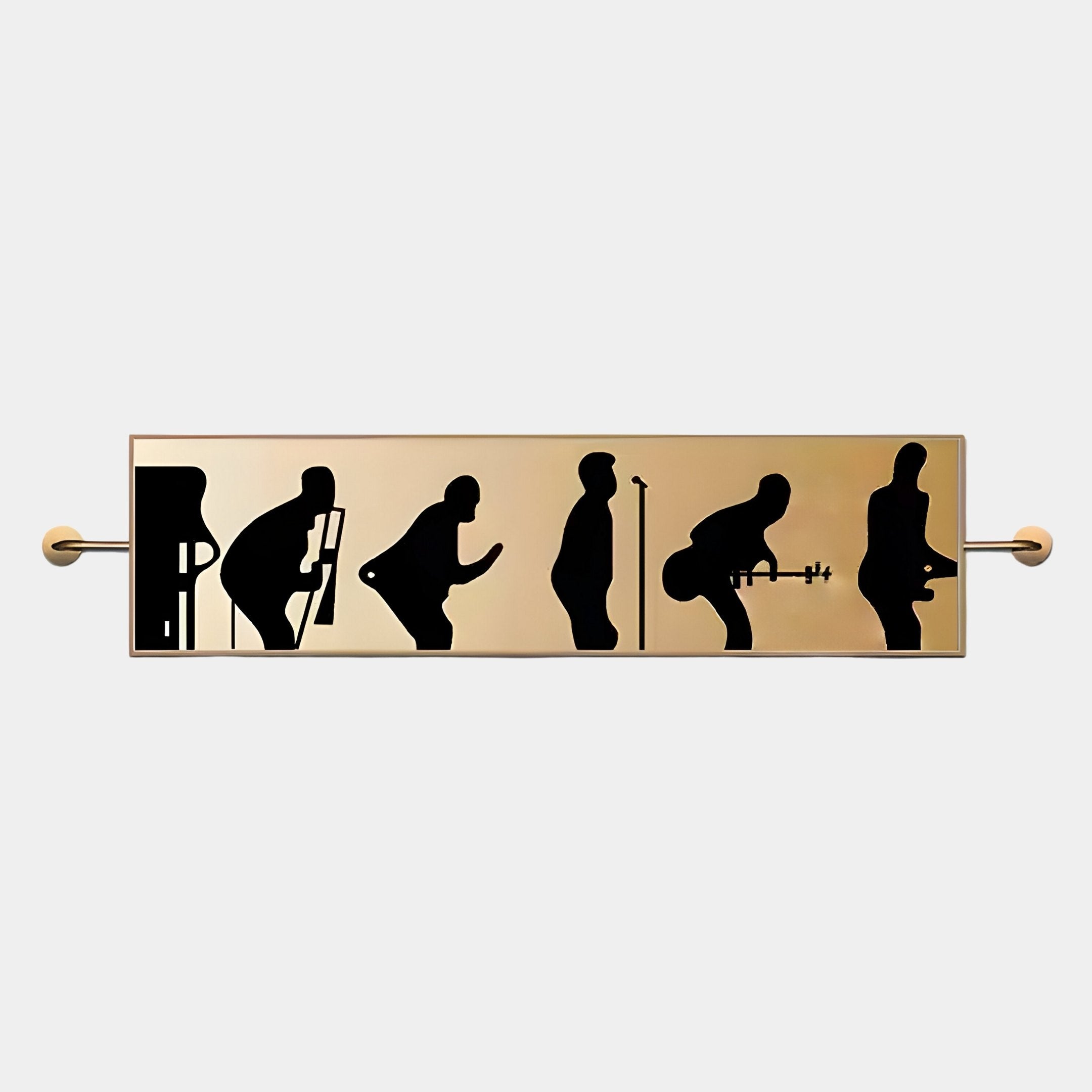 The Resonance Musical Evolution Silhouette Wall Art by Giant Sculptures features a gold and stainless steel plaque with five evolving figure silhouettes, from walking with a cane to playing guitar, symbolizing human movement and musical creativity.