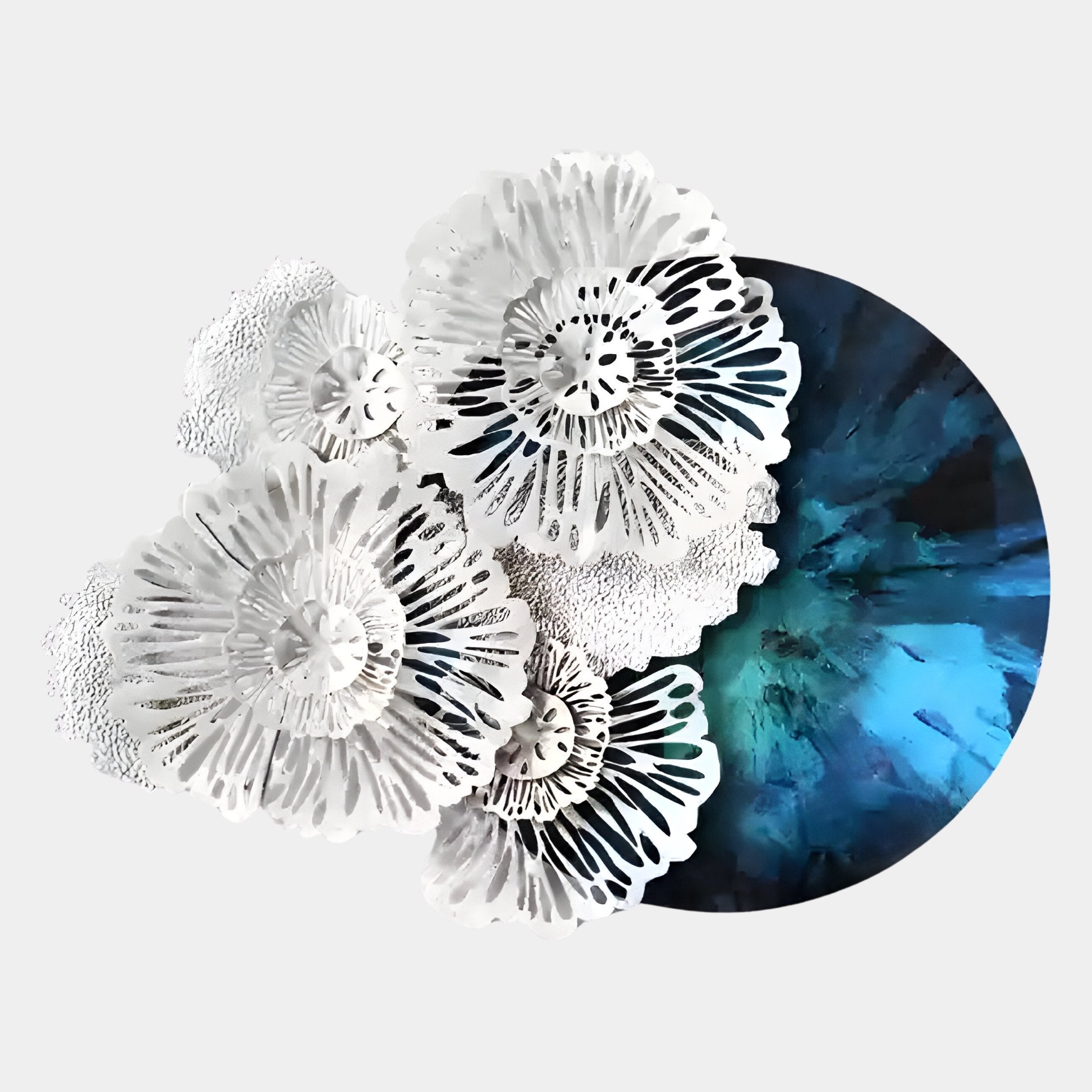 The Aurum Flora White Petals Sapphire Metal Wall Art by Giant Sculptures features white paper-inspired flowers on a bold blue and black abstract background—ideal for modern design lovers or striking floral metal decor.