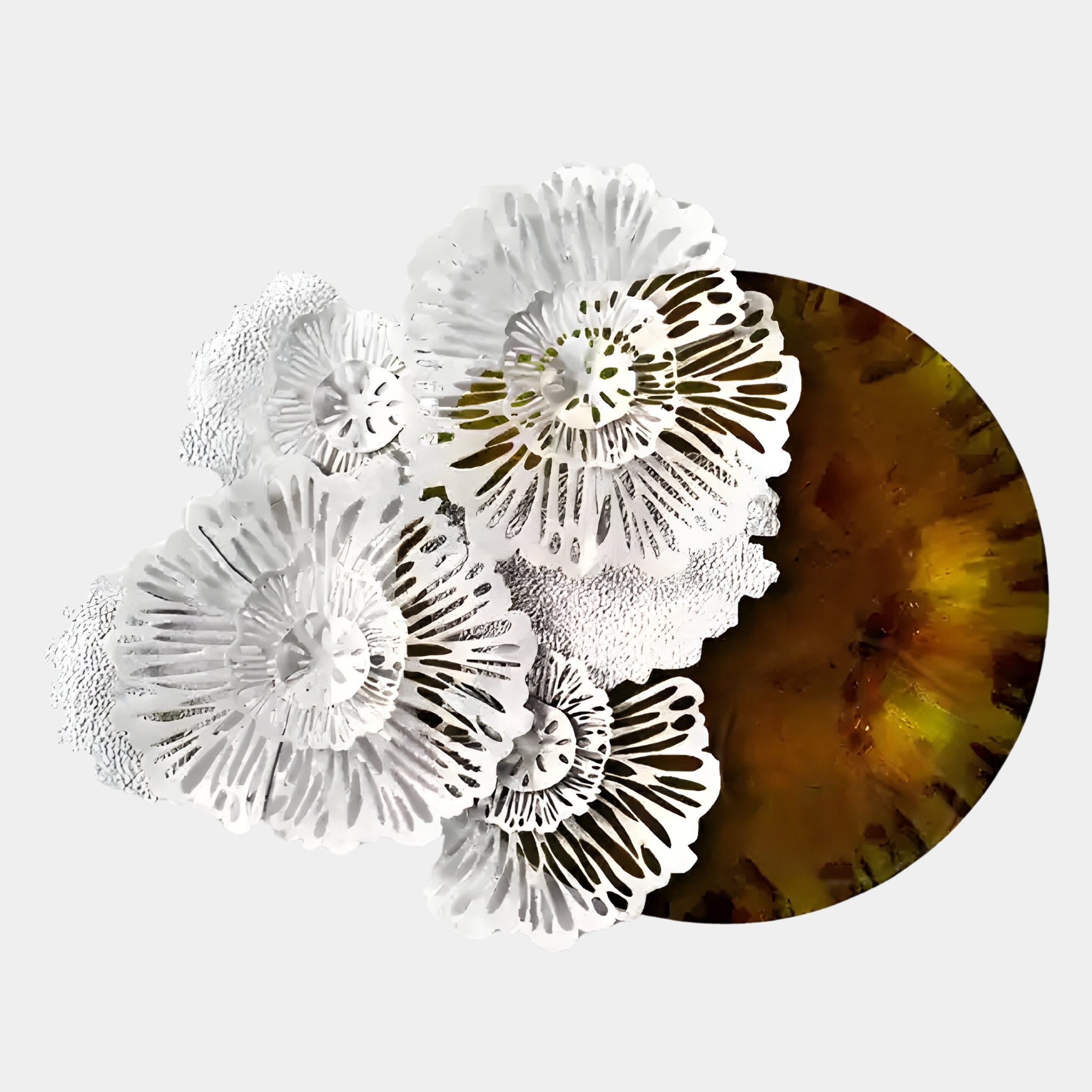 The Aurum Flora White Petals Amber Metal Wall Art by Giant Sculptures features layered, white, floral designs over an earthy amber and green backdrop—ideal contemporary decor for adding elegance to any modern space.