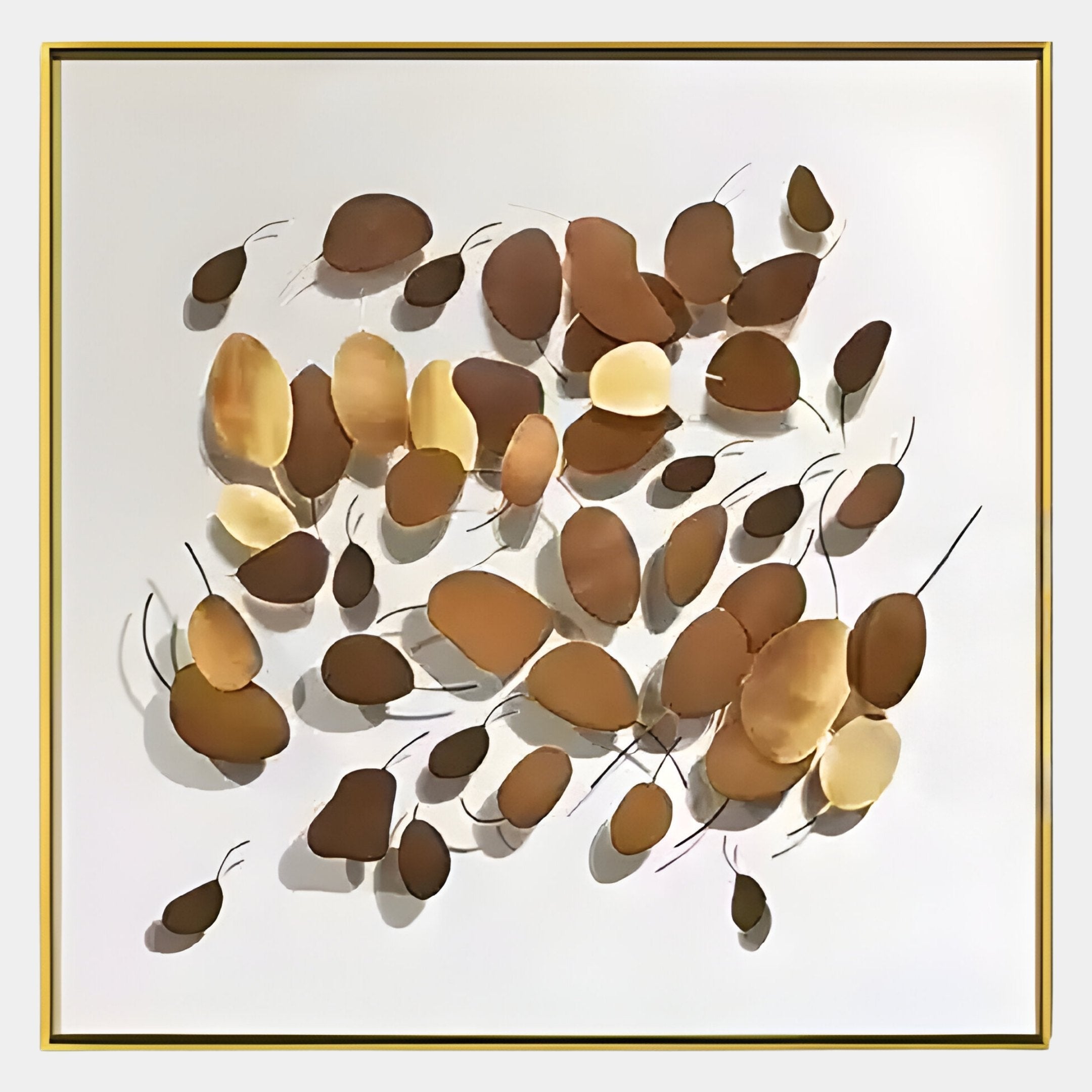 The Brassica Gold Leaf Metal Square Wall Art by Giant Sculptures features overlapping oval and leaf shapes in brown and gold on a white background, creating a luxurious contemporary accent for modern interiors.